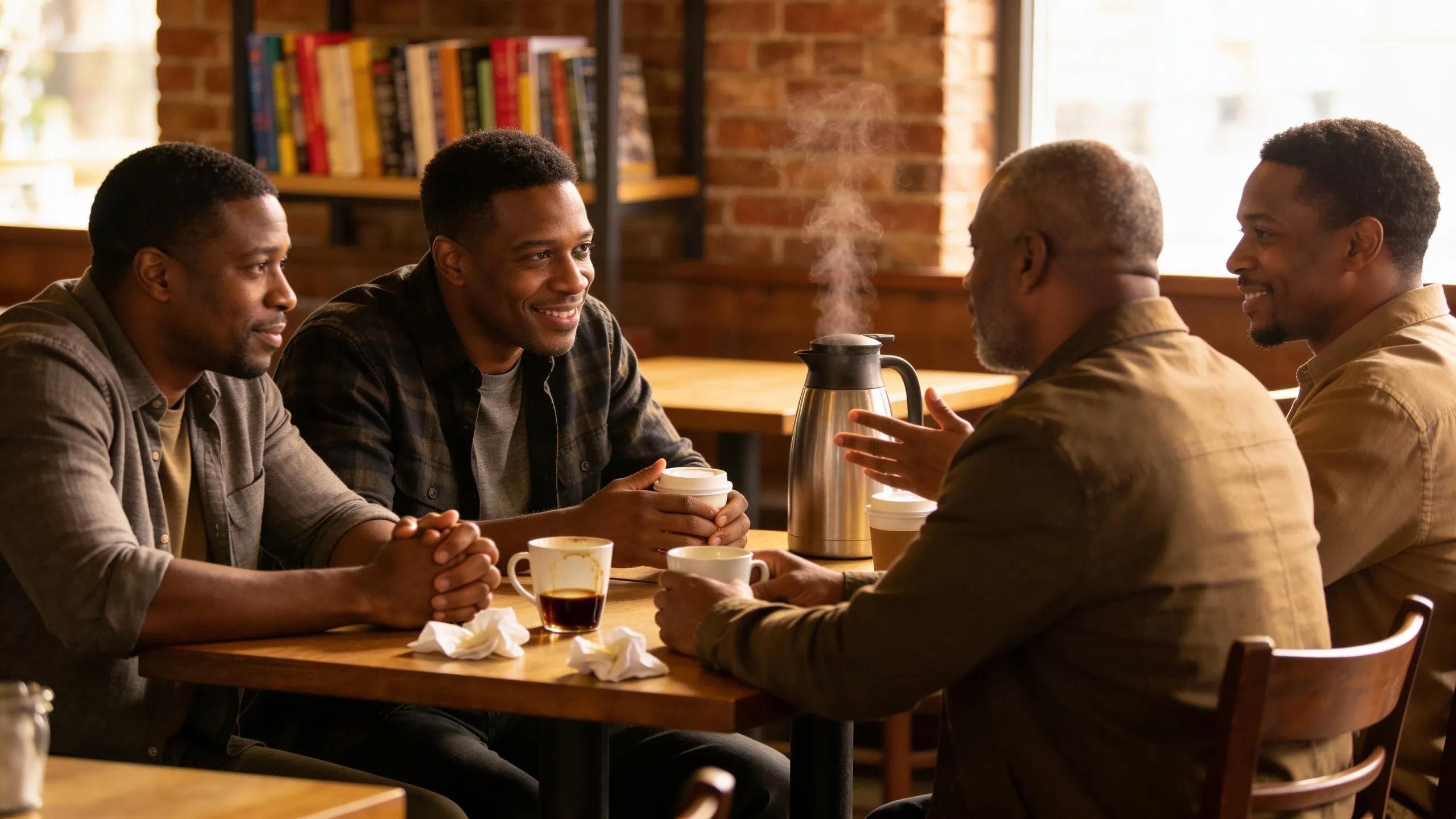 Group of Black men in a coffee shop discussing emotional presence in relationships