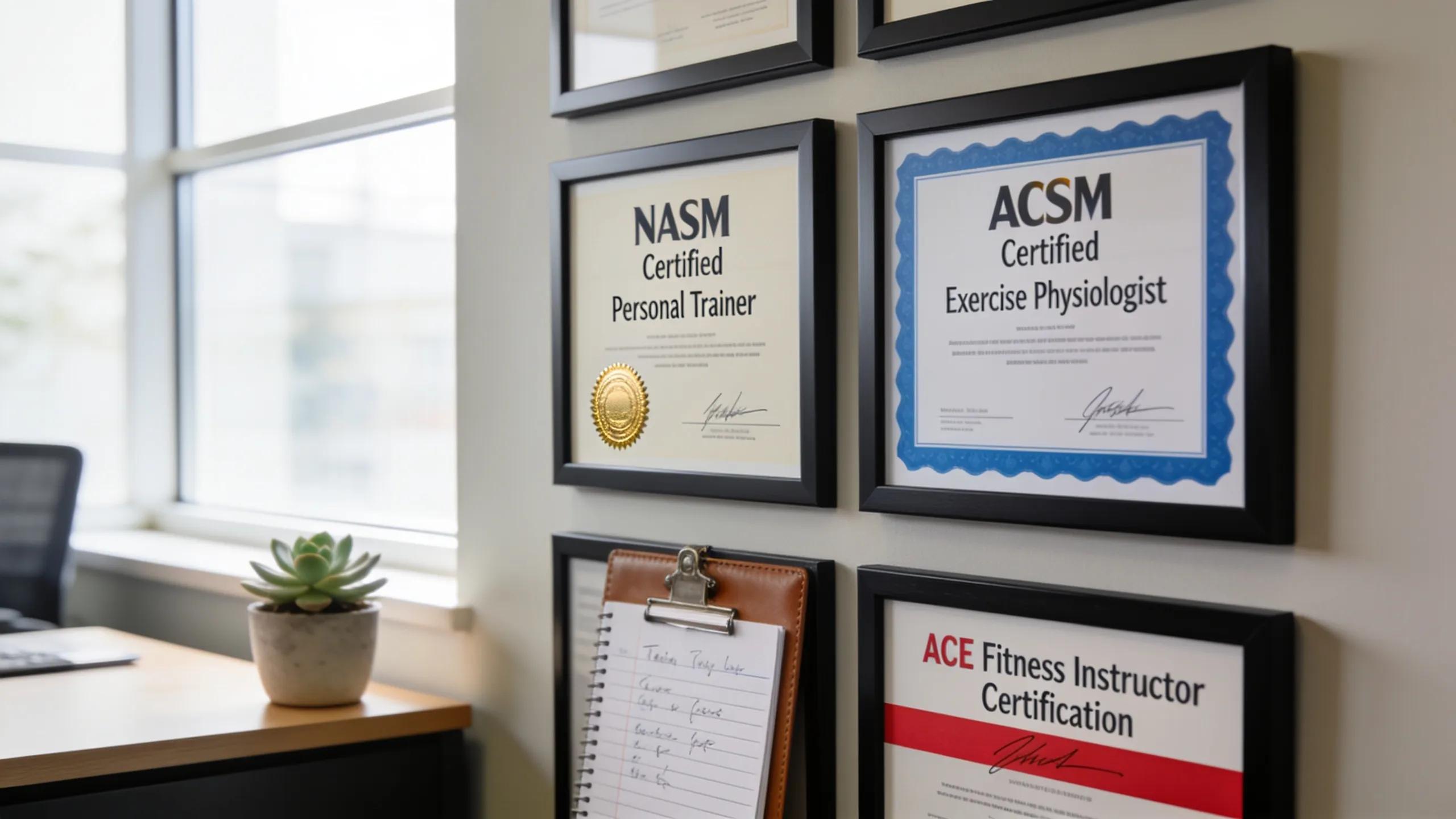 Display of fitness certifications indicating professional qualifications unique to strength and conditioning coaches