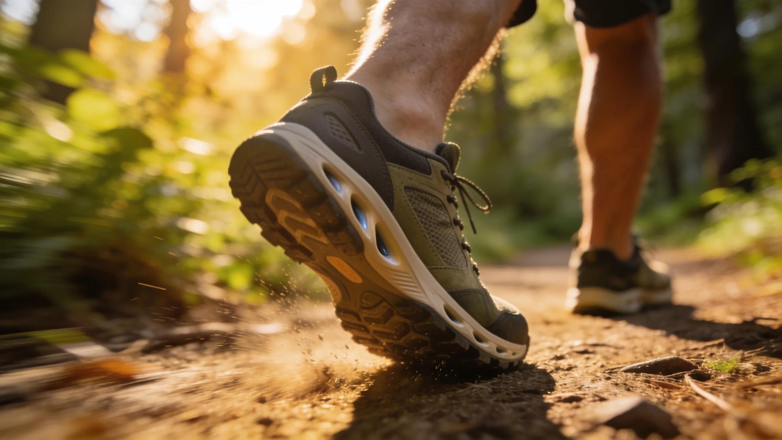 Person walking in supportive orthopedic shoes that emphasize cushioning and shock absorption benefits during outdoor activities