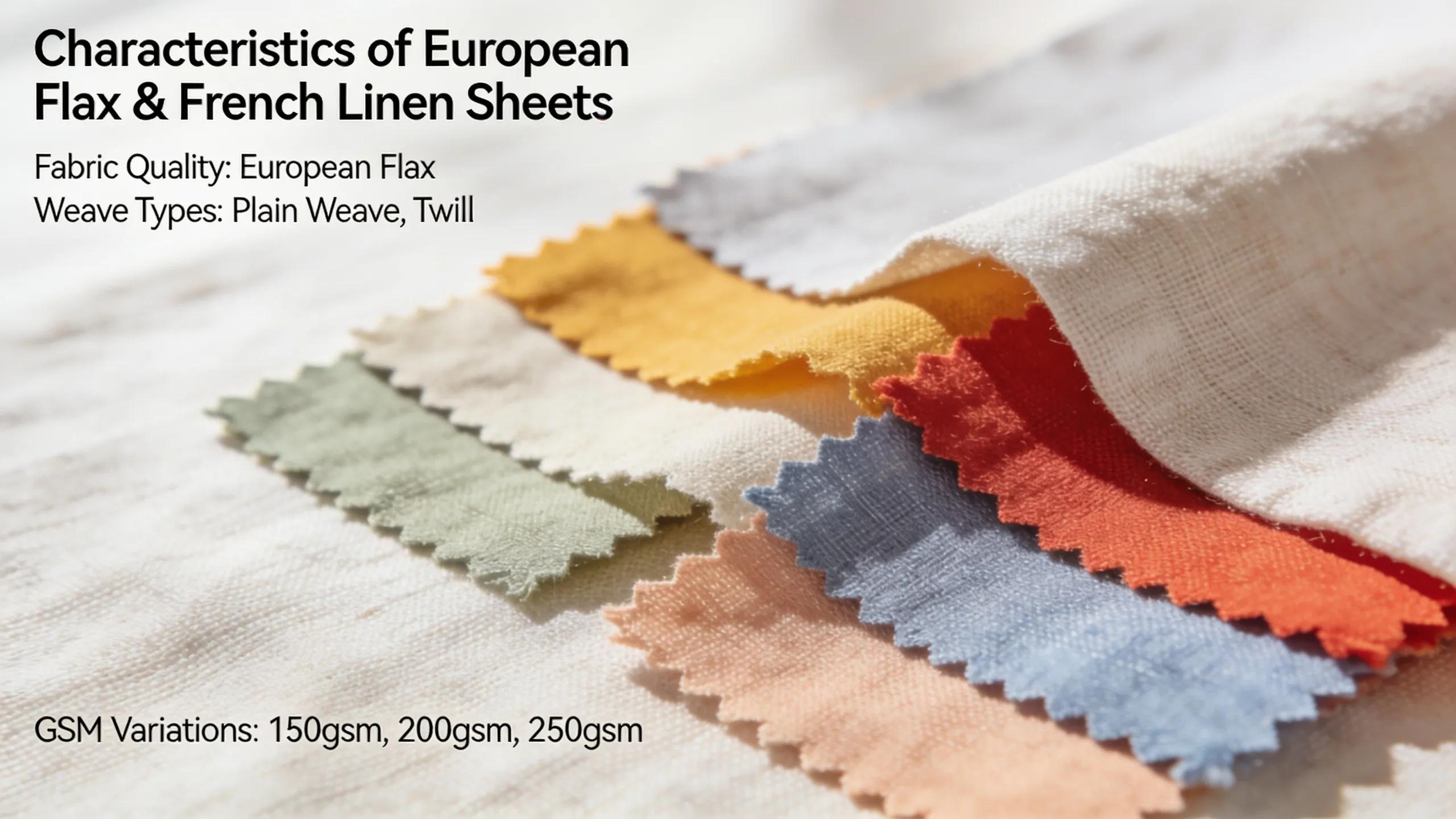 Close-up of European flax and French linen sheets showcasing textures, weave types, and colour variations