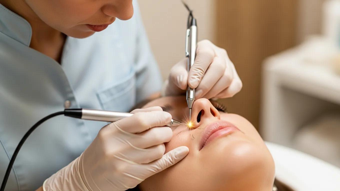 Client receiving electrolysis treatment with practitioner using a fine probe, highlighting the treatment process