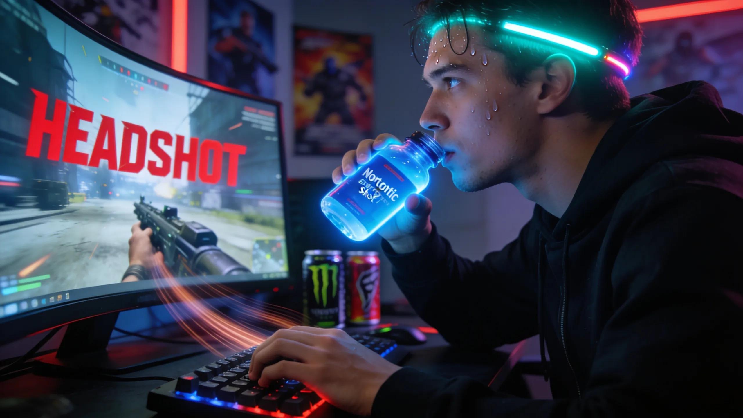 Gamer concentrating intensely while using a nootropic energy shot, illustrating real-world advantages.