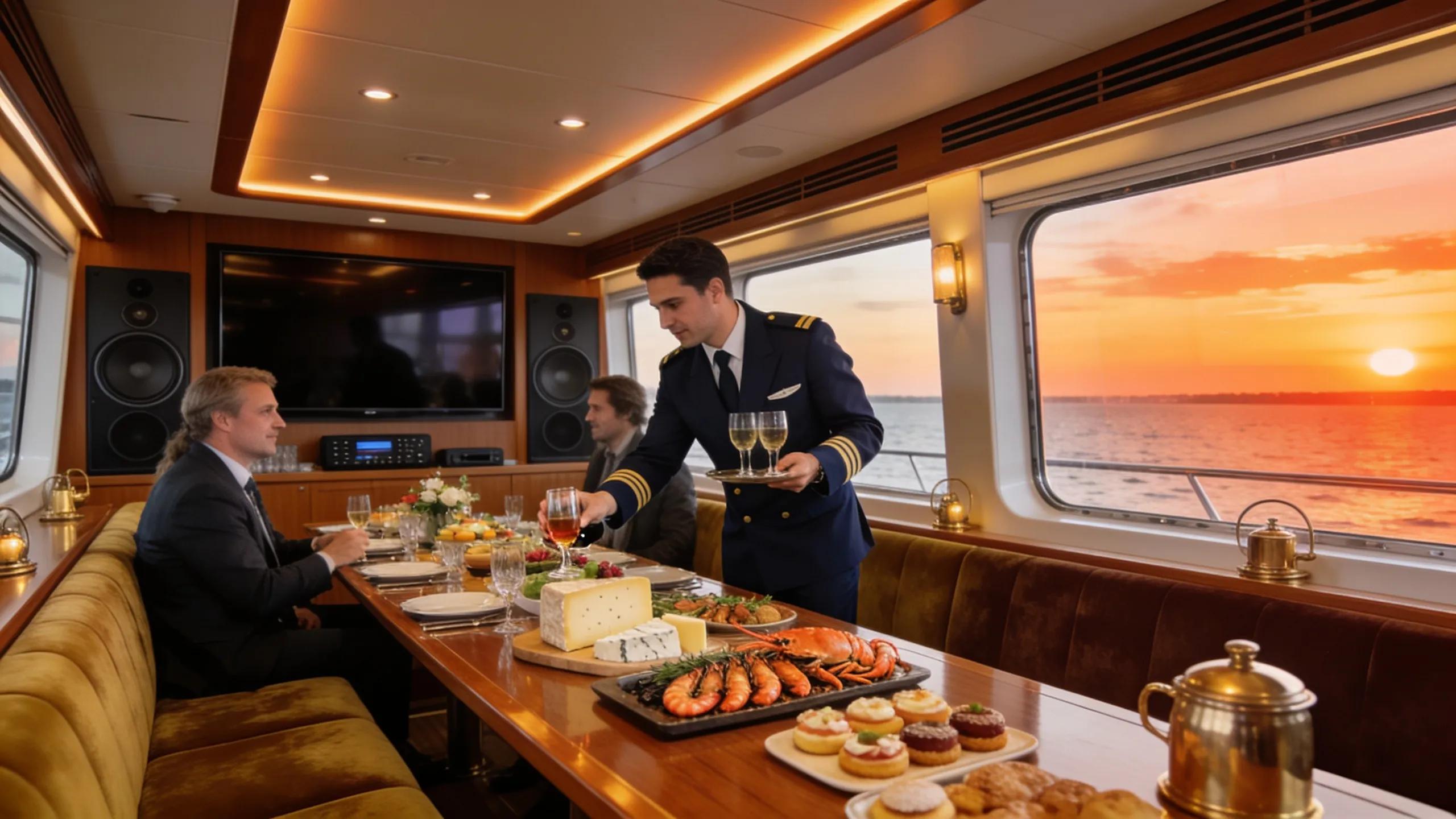Corporate yacht interior with dining setup and entertainment options
