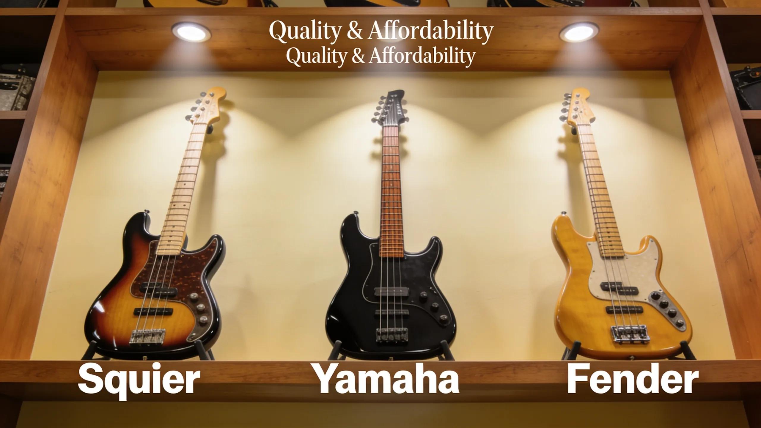 Display of popular bass guitar brands including Squier, Yamaha, and Fender in a music store, emphasizing quality and affordability.