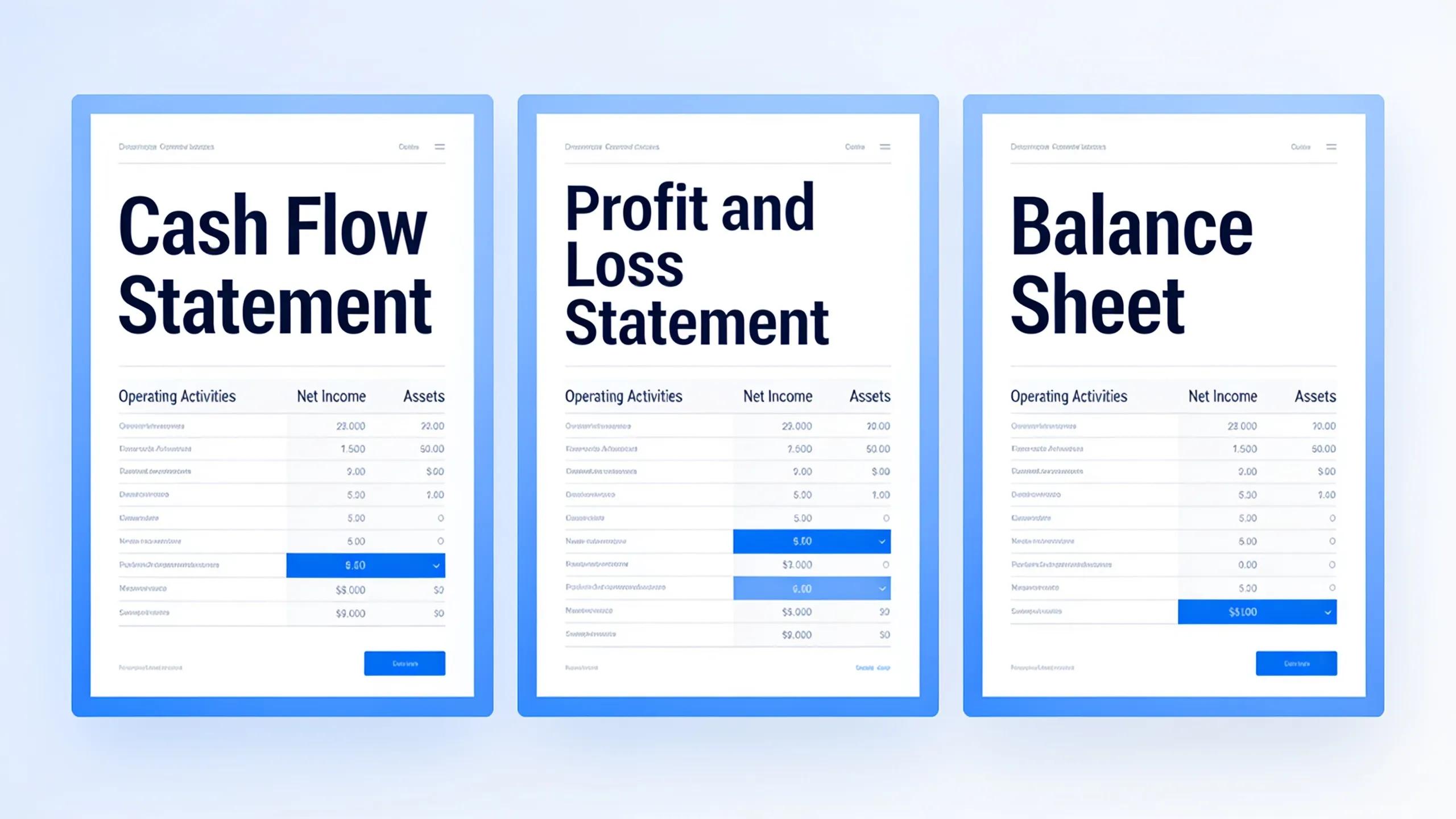 Three documents form the foundation: a cash flow statement, a profit and loss statement