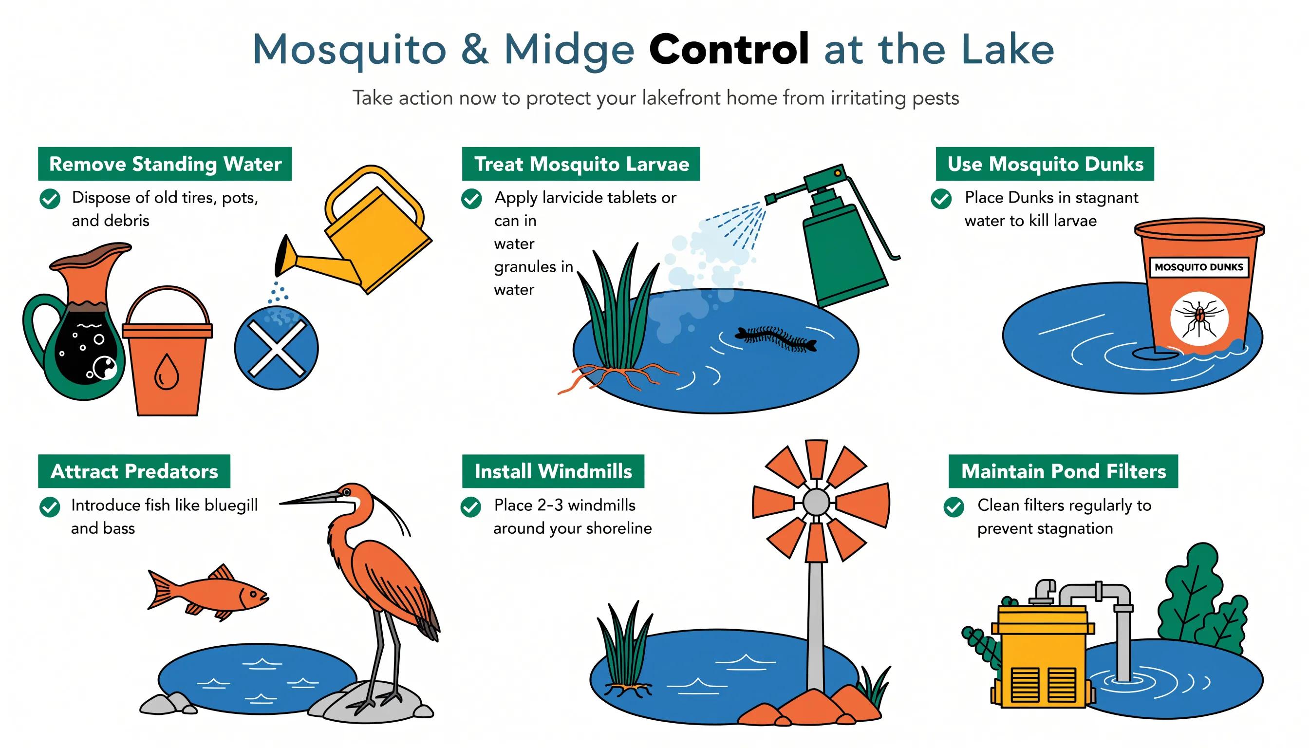 Six-step lakefront mosquito and midge control methods infographic