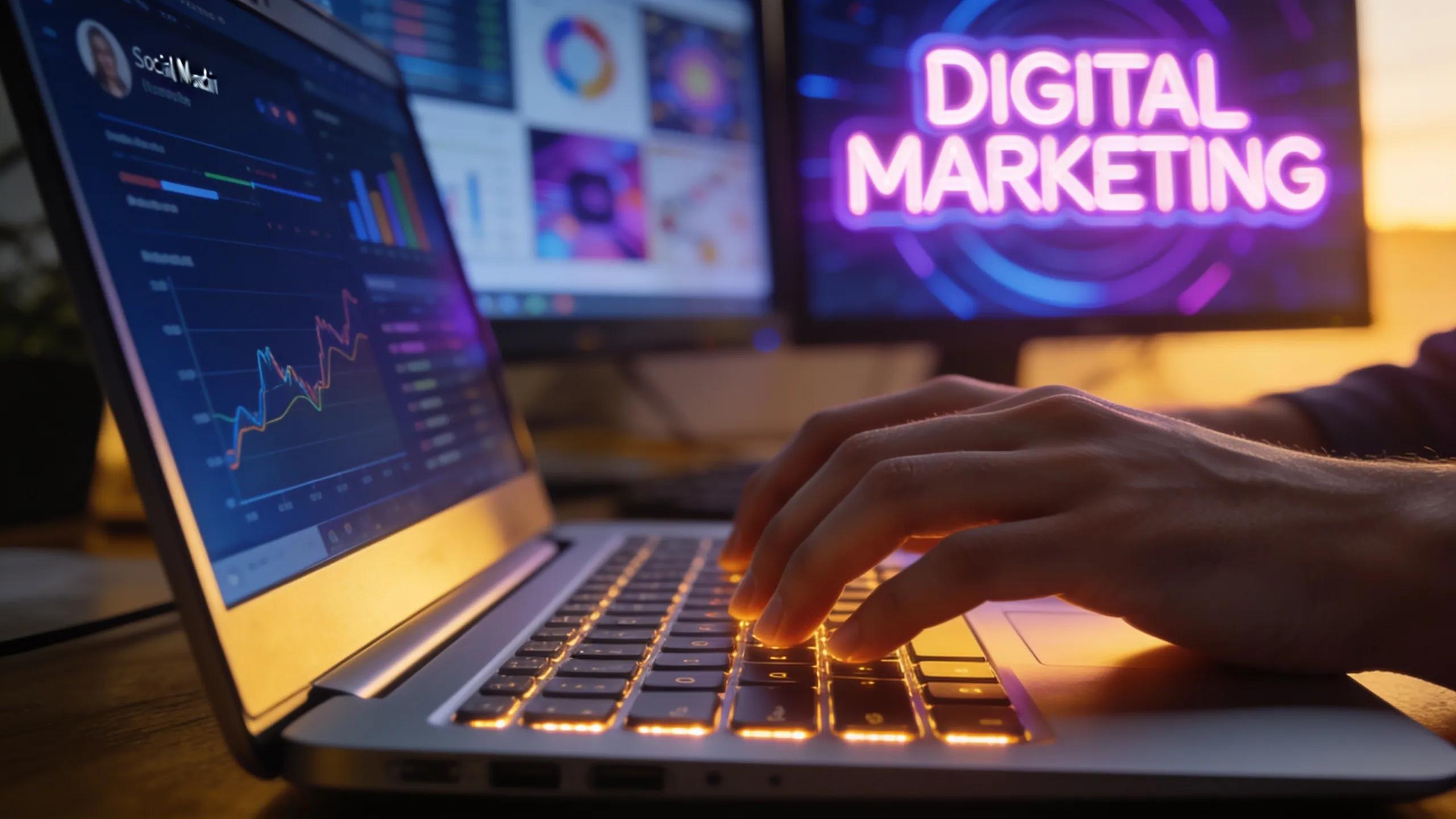 Hands typing on a laptop in a modern workspace focused on AI marketing tools