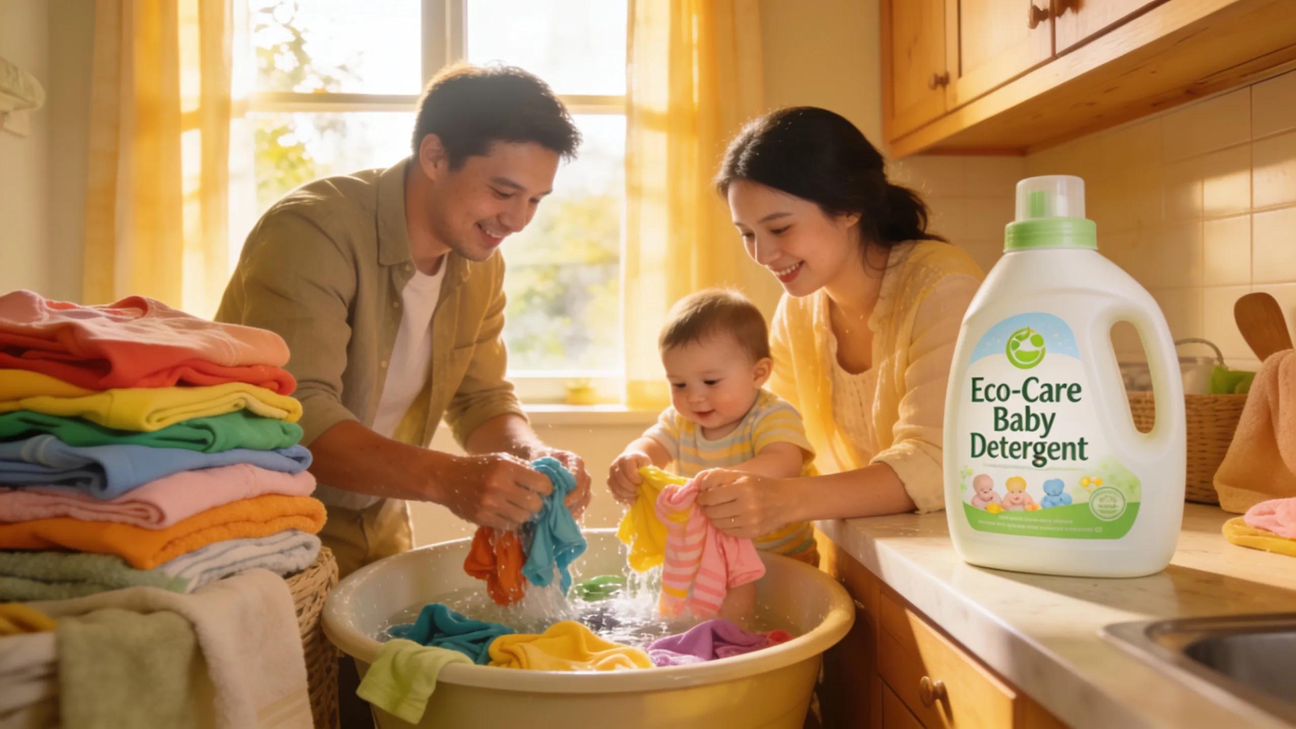 Parents washing baby clothes with eco-friendly detergent in a sunlit laundry room