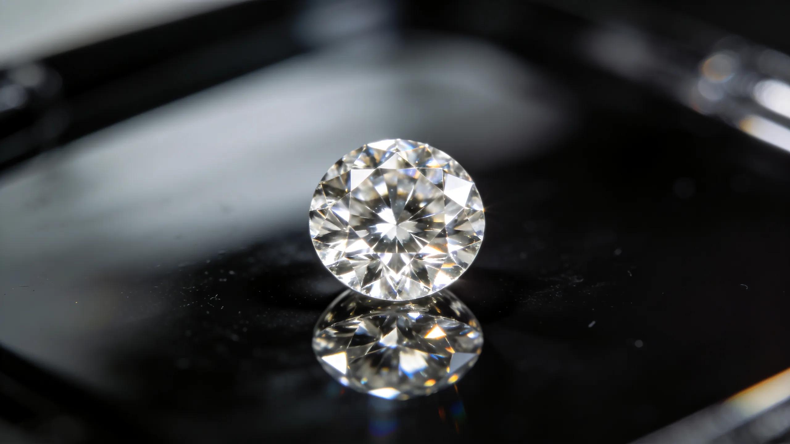 Close-up view of a sparkling diamond on a reflective surface, emphasizing its clarity and brilliance.