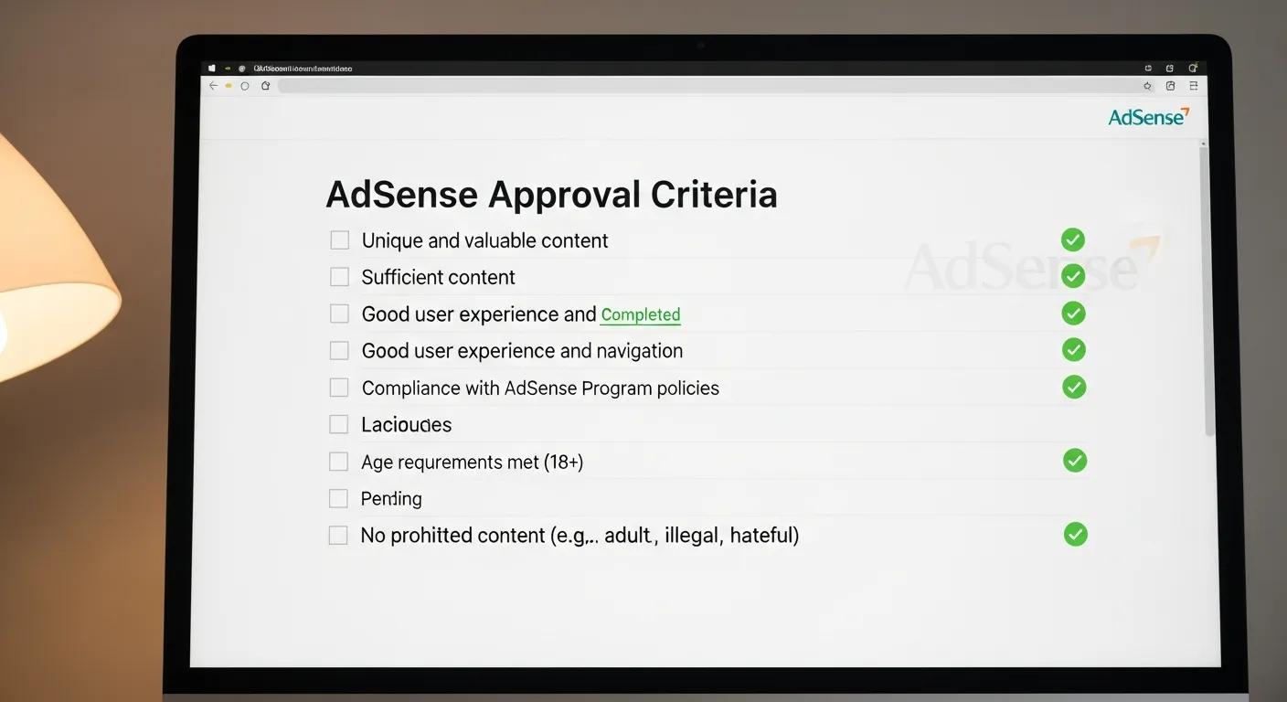 Checklist for AdSense approval criteria on a computer screen