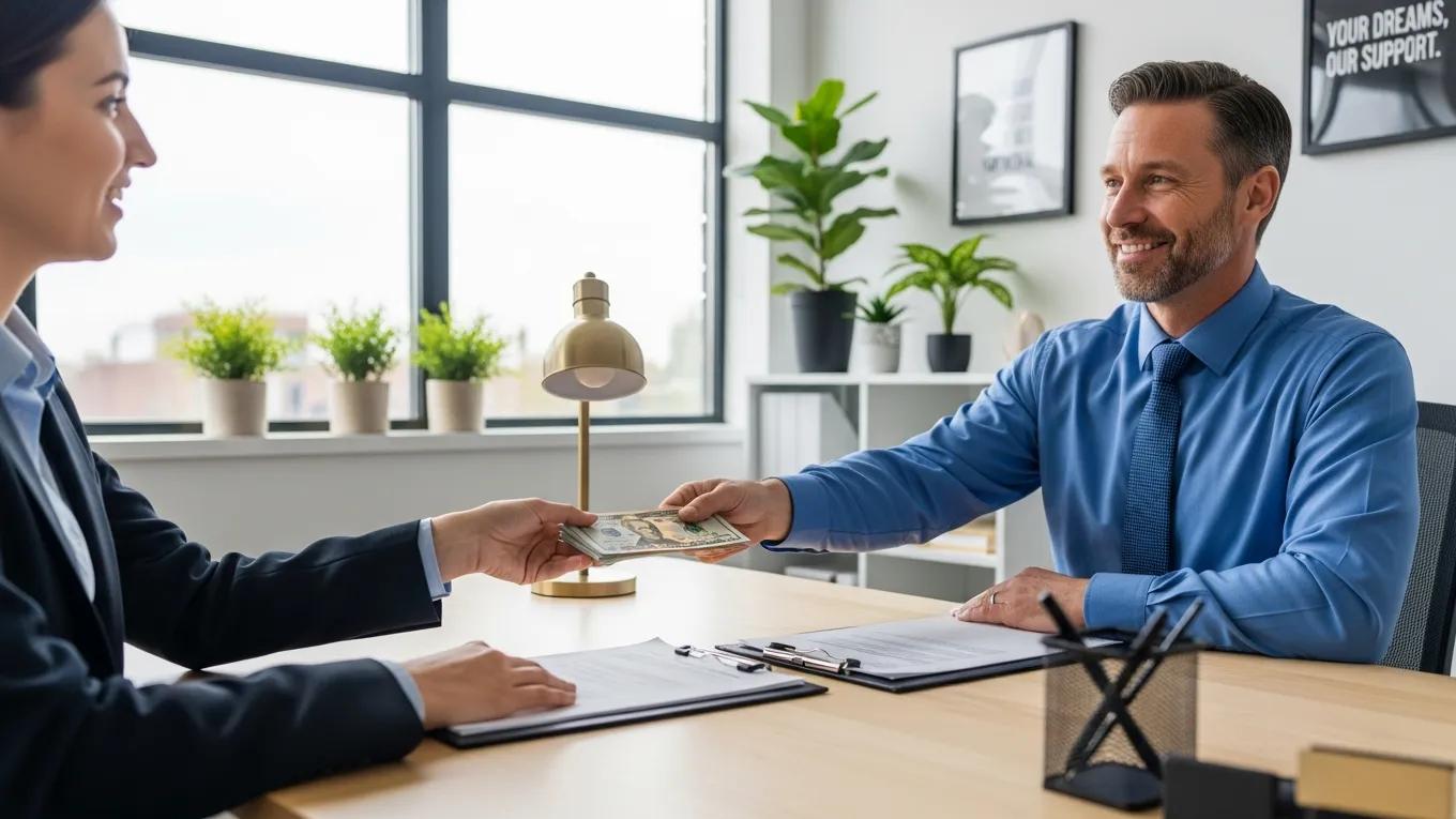 Person receiving cash from a direct lender in a friendly office setting