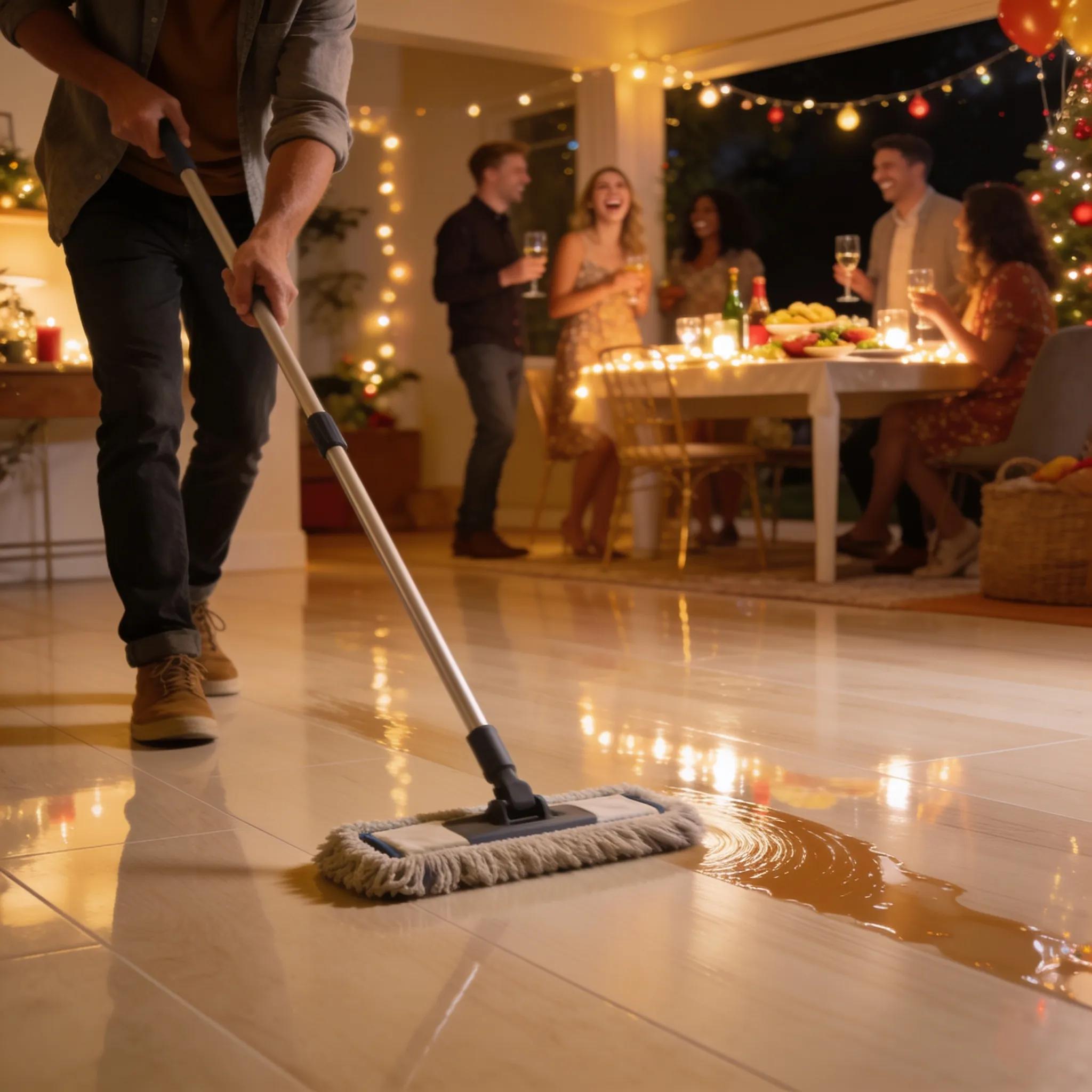 Host wiping up a spill on a durable vinyl floor while guests continue their dinner