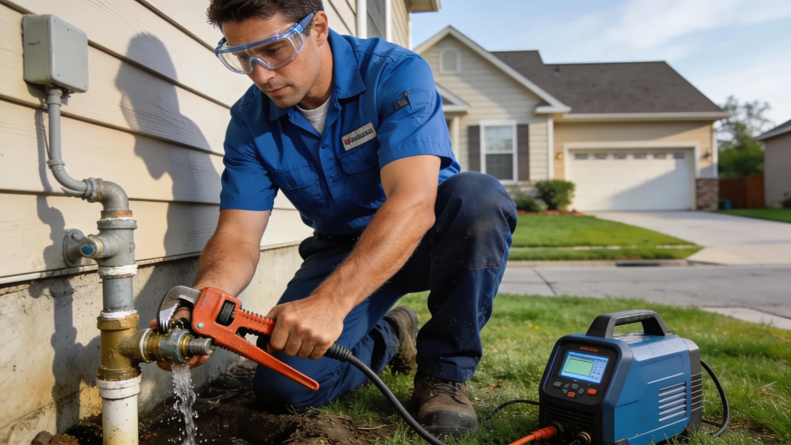 Professional plumber working on main water line repair outside a suburban home in Tulsa