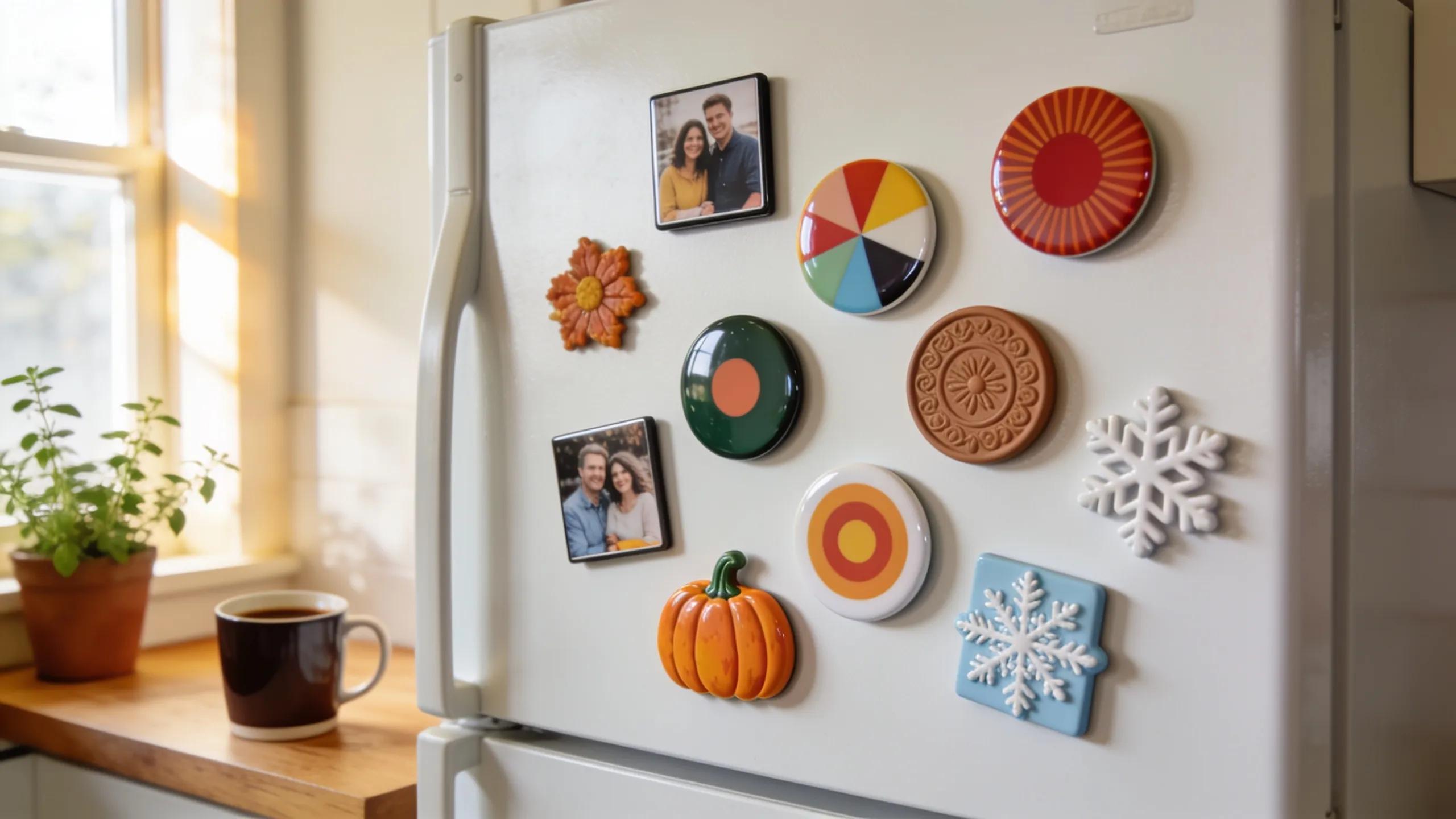 Collection of custom fridge magnets featuring personal photos and designs on a refrigerator in a bright kitchen