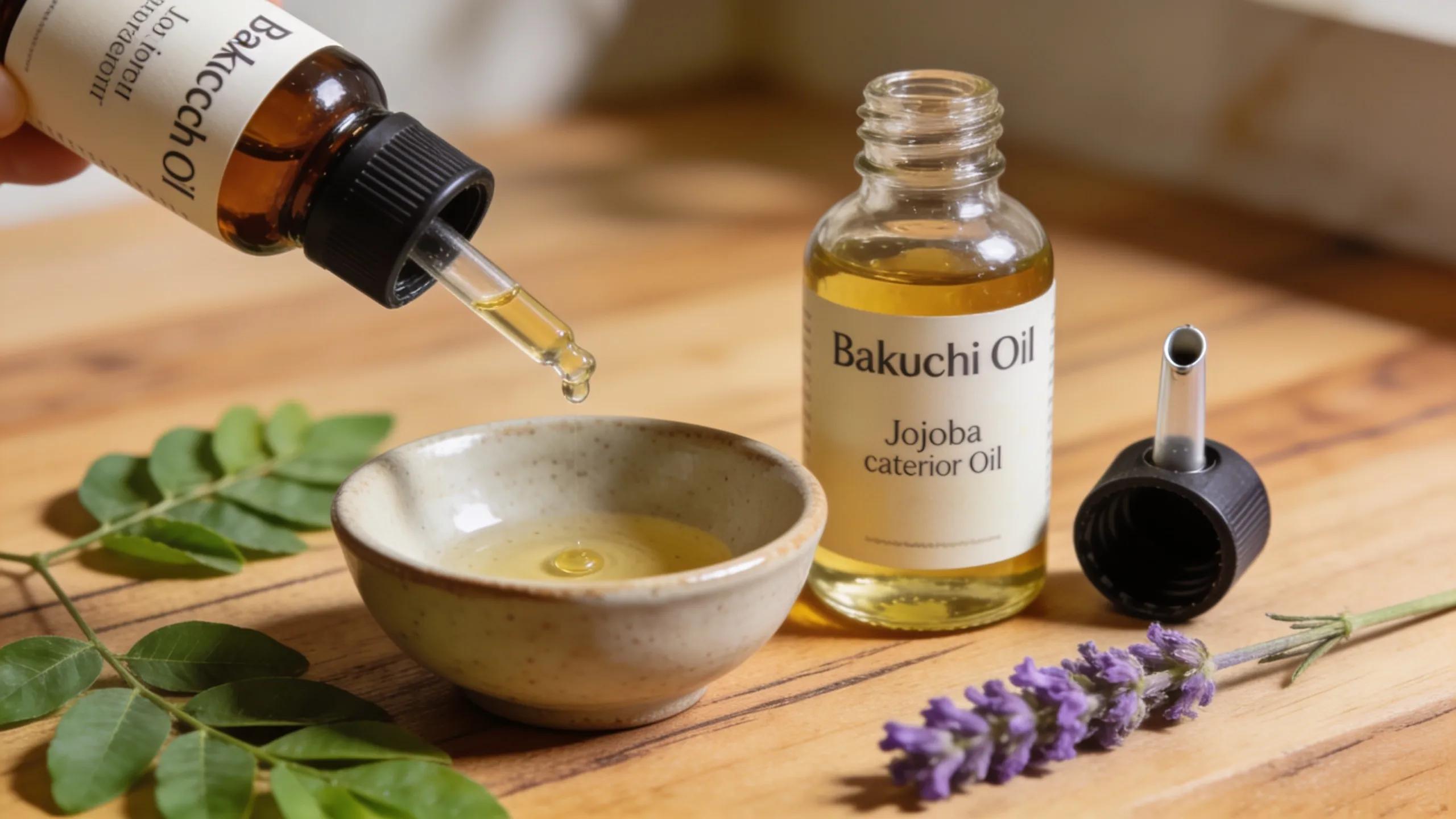 Dropping bakuchi oil into a bowl with carrier oil, demonstrating recommended application techniques for sensitive skin