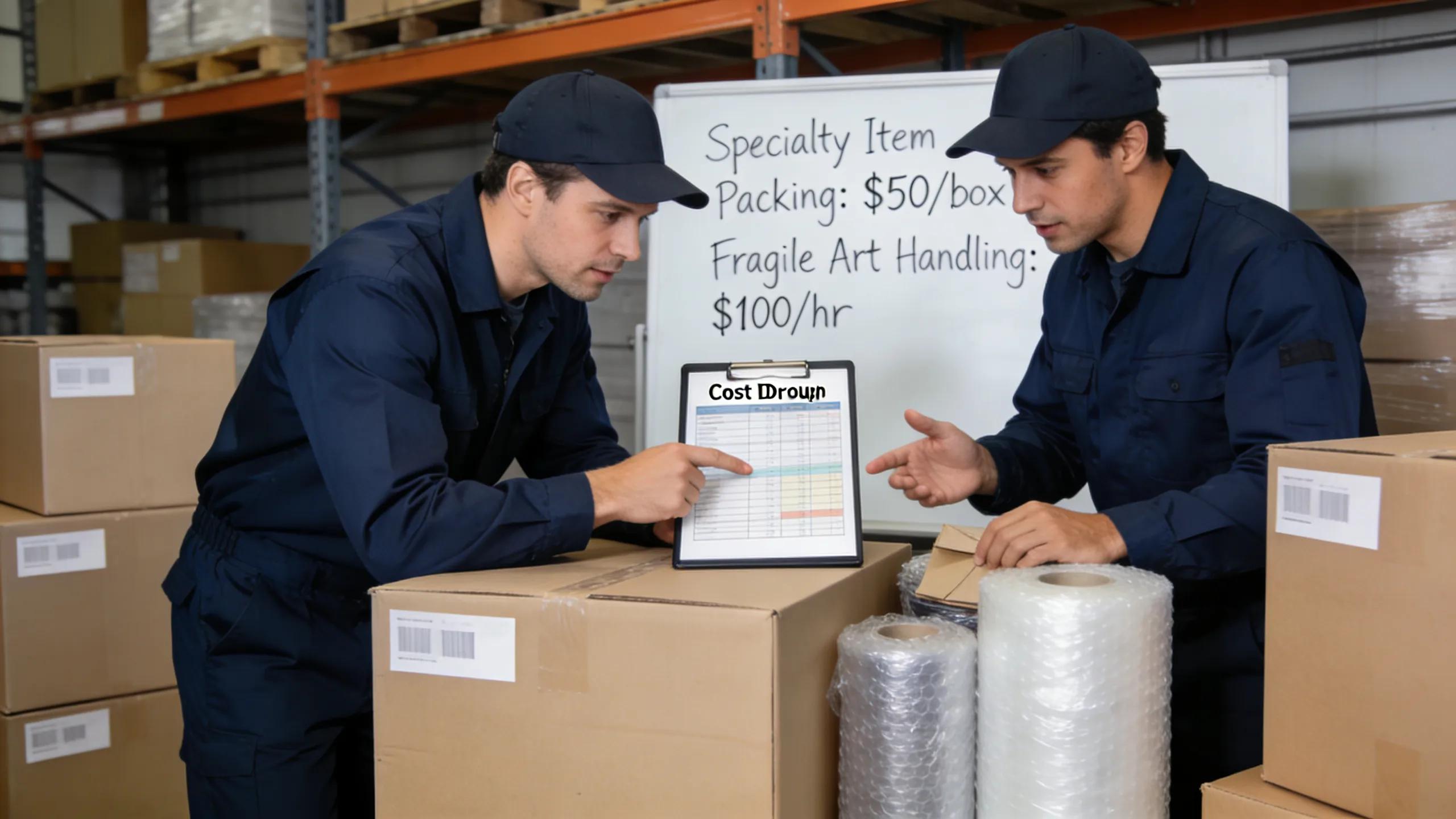 Professional movers discussing costs and packing strategies for specialty moving services