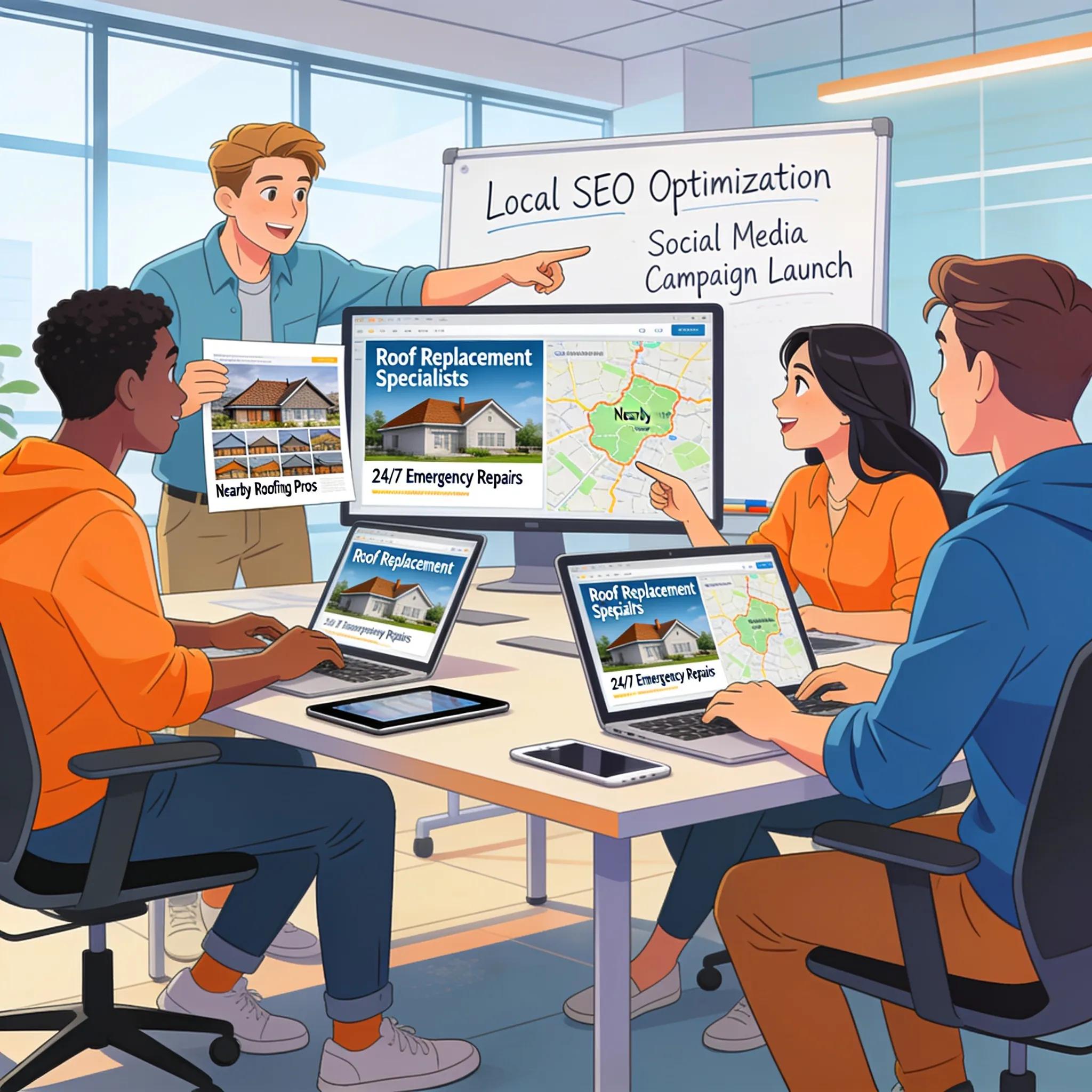 Marketing team strategizing local advertising for roofing services