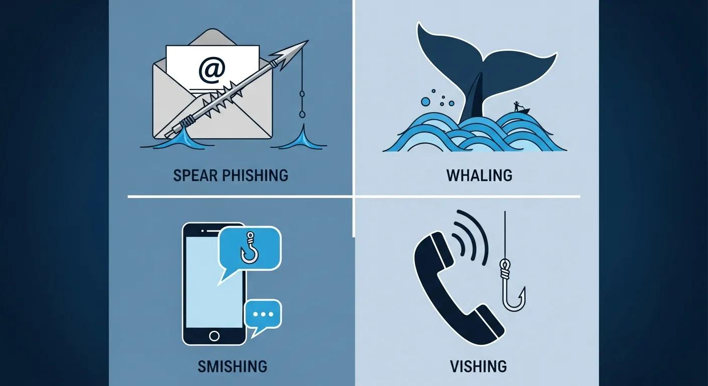Icons: spear phishing, whaling, smishing, and vishing
