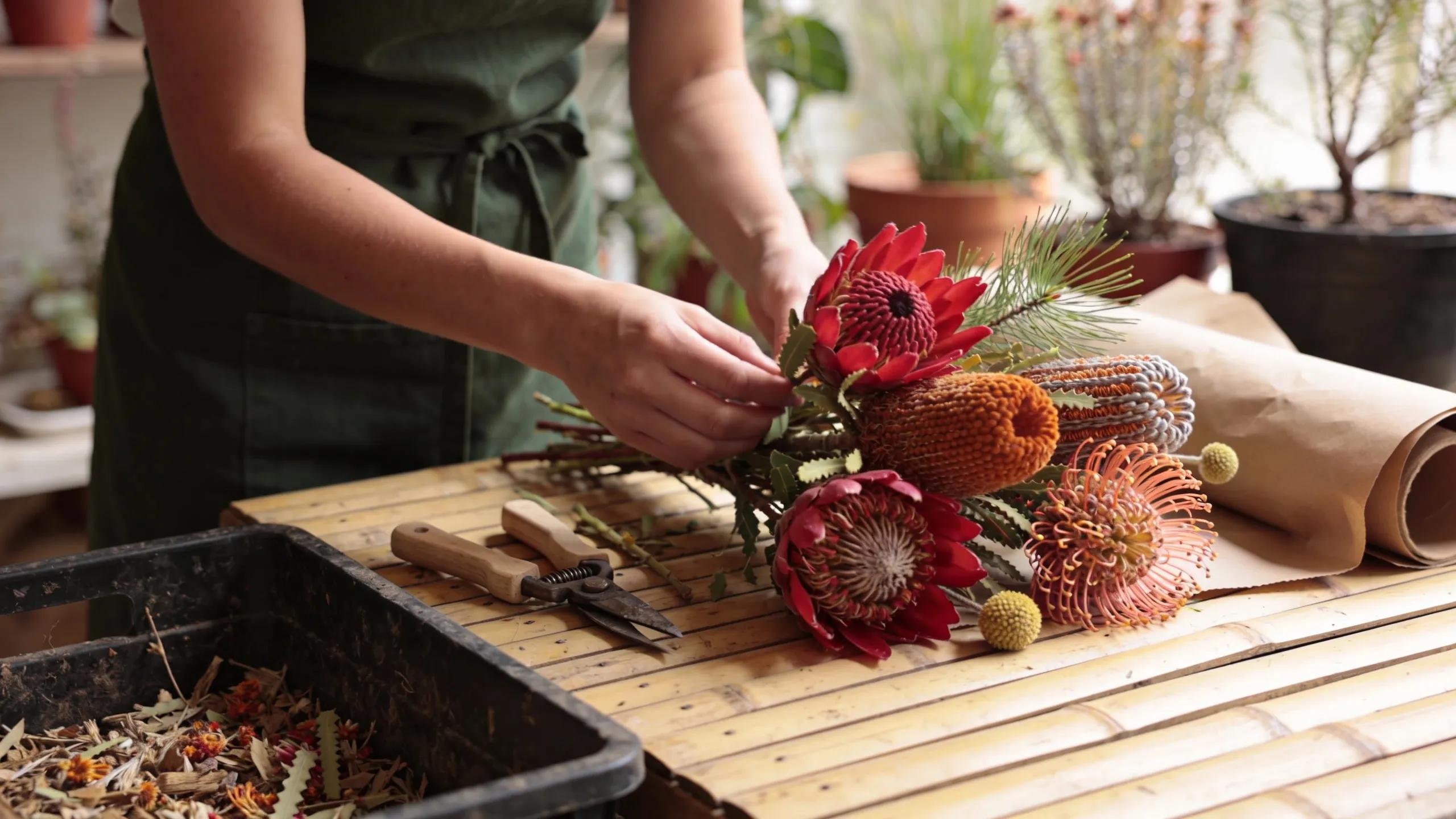 Florist arranging native Australian flowers, showcasing sustainability in flower selection