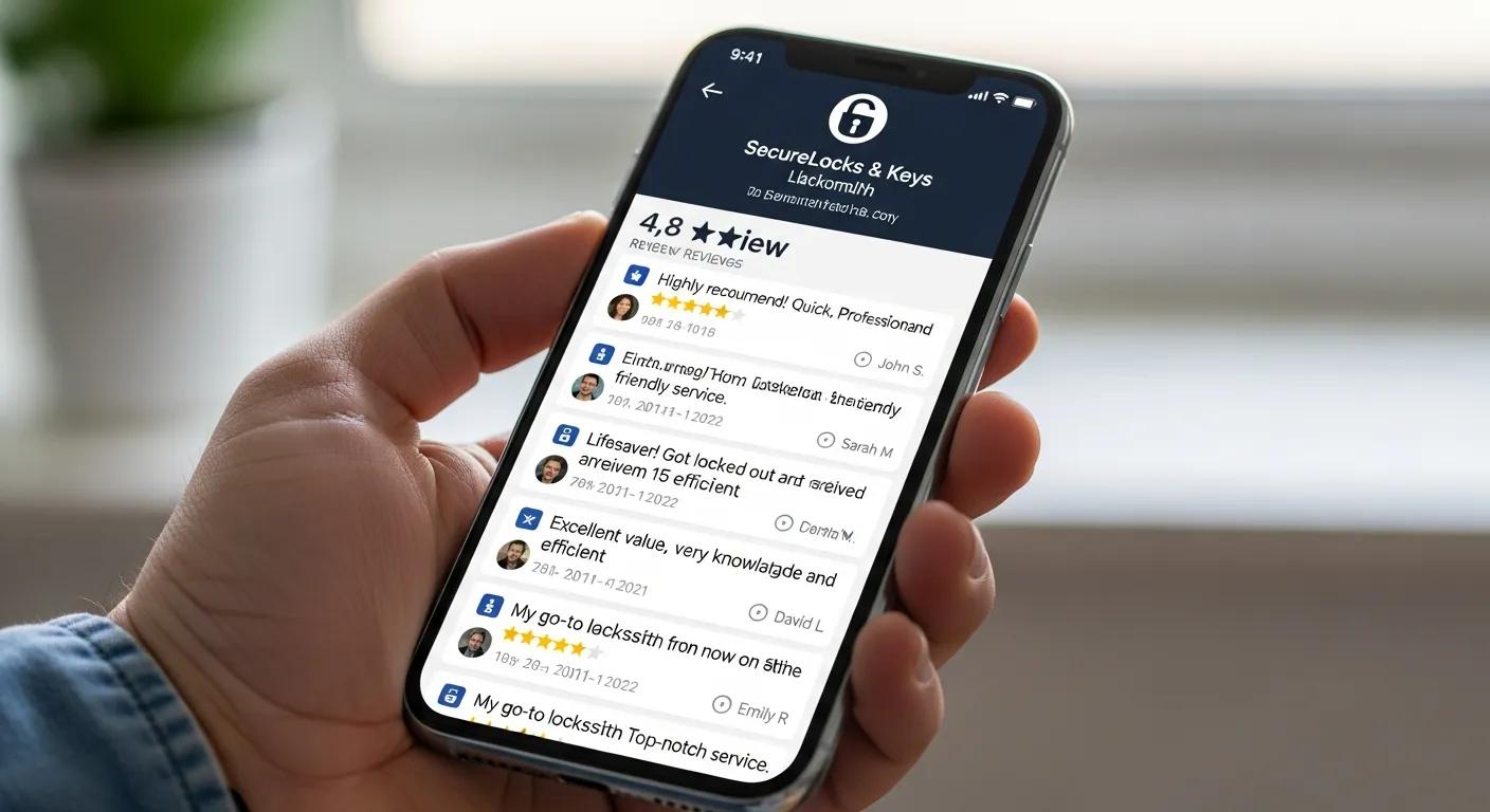 Smartphone showing positive customer reviews for a locksmith service