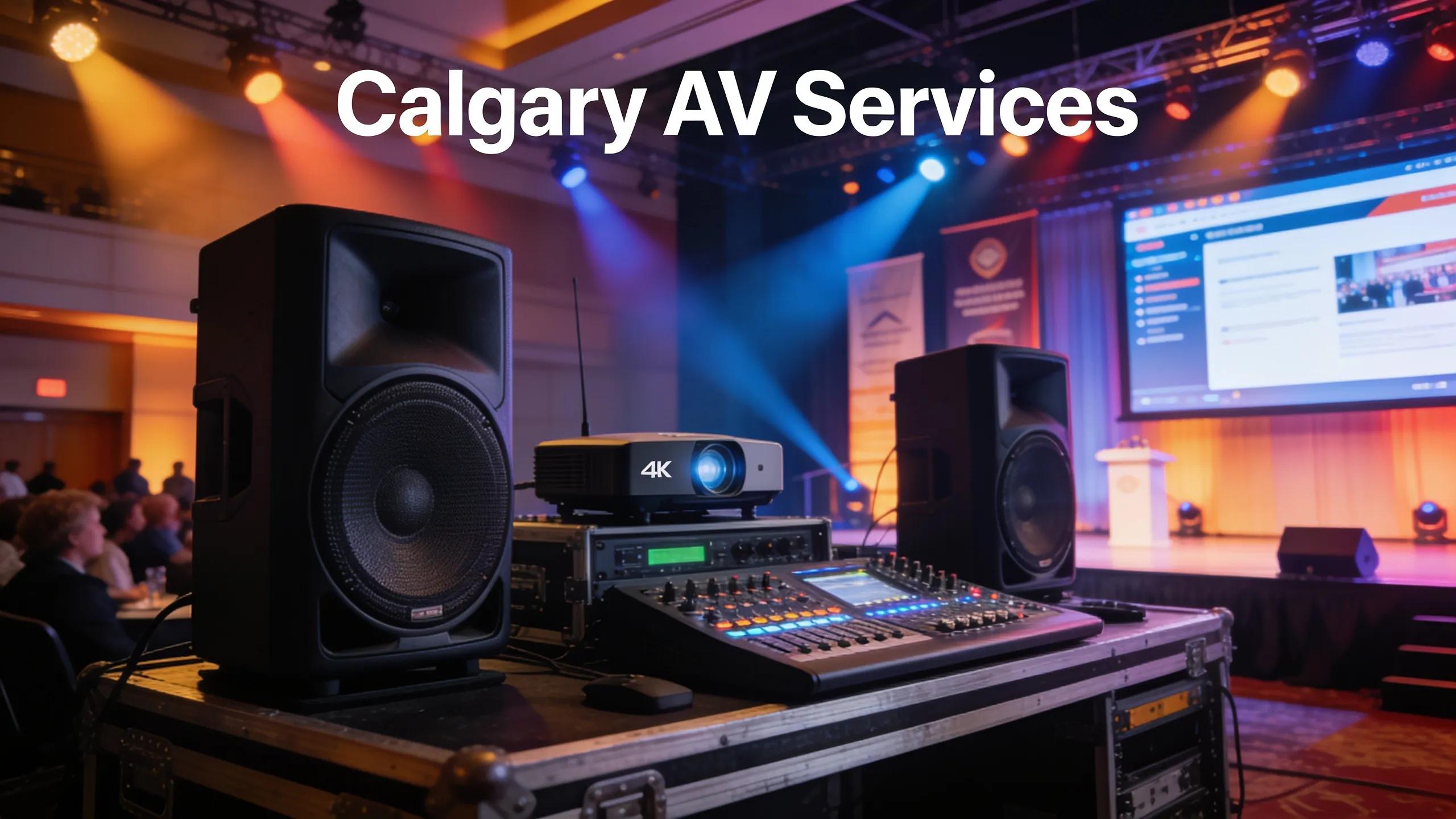 Professional audio-visual setup at a Calgary corporate event highlighting AV Calgary services