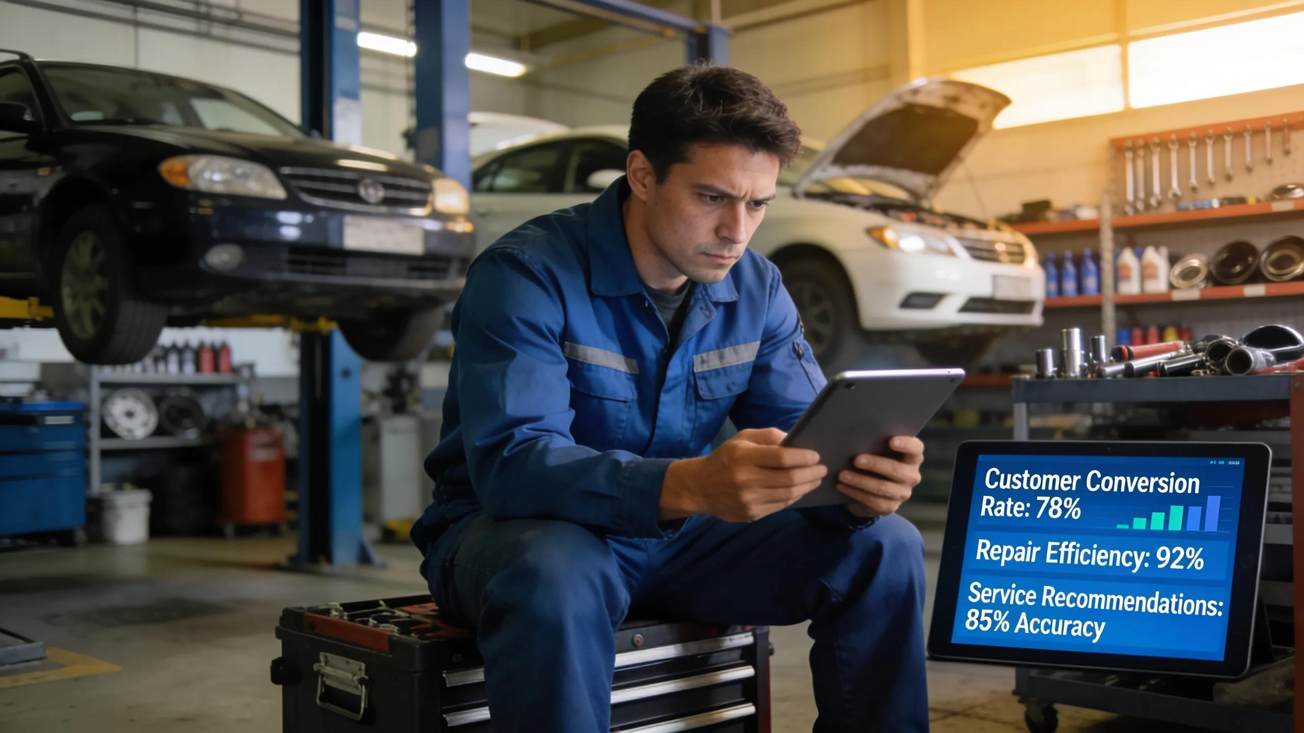 Mechanic analyzing performance data on a tablet in an auto repair shop