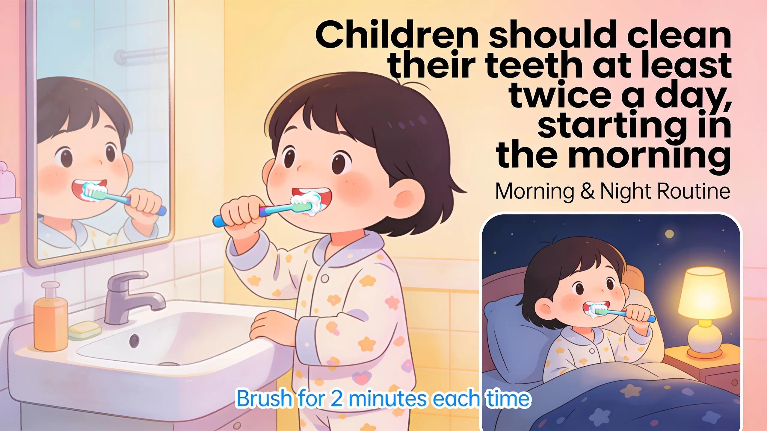 Children should have their teeth cleaned at least twice a day, starting with the morning