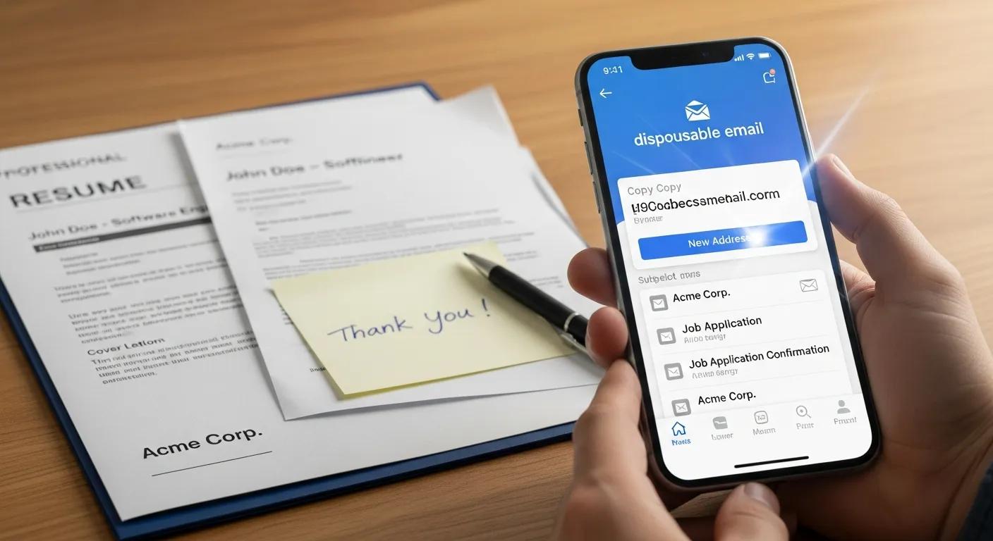 Phone showing a disposable email app next to job application materials — highlights disposable email benefits