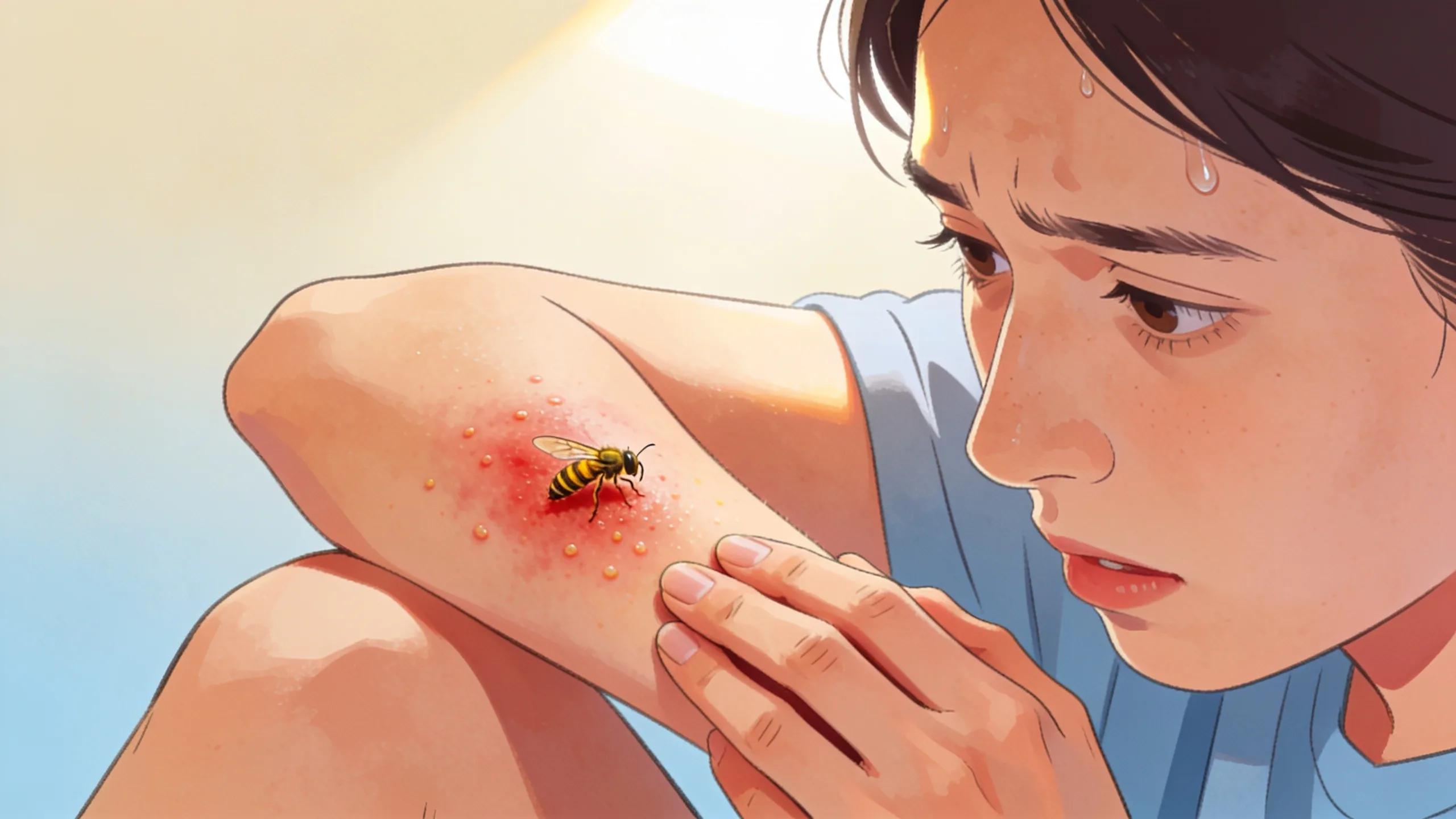 Person showing concern for a wasp sting on their arm, highlighting the potential allergic reactions to wasp stings