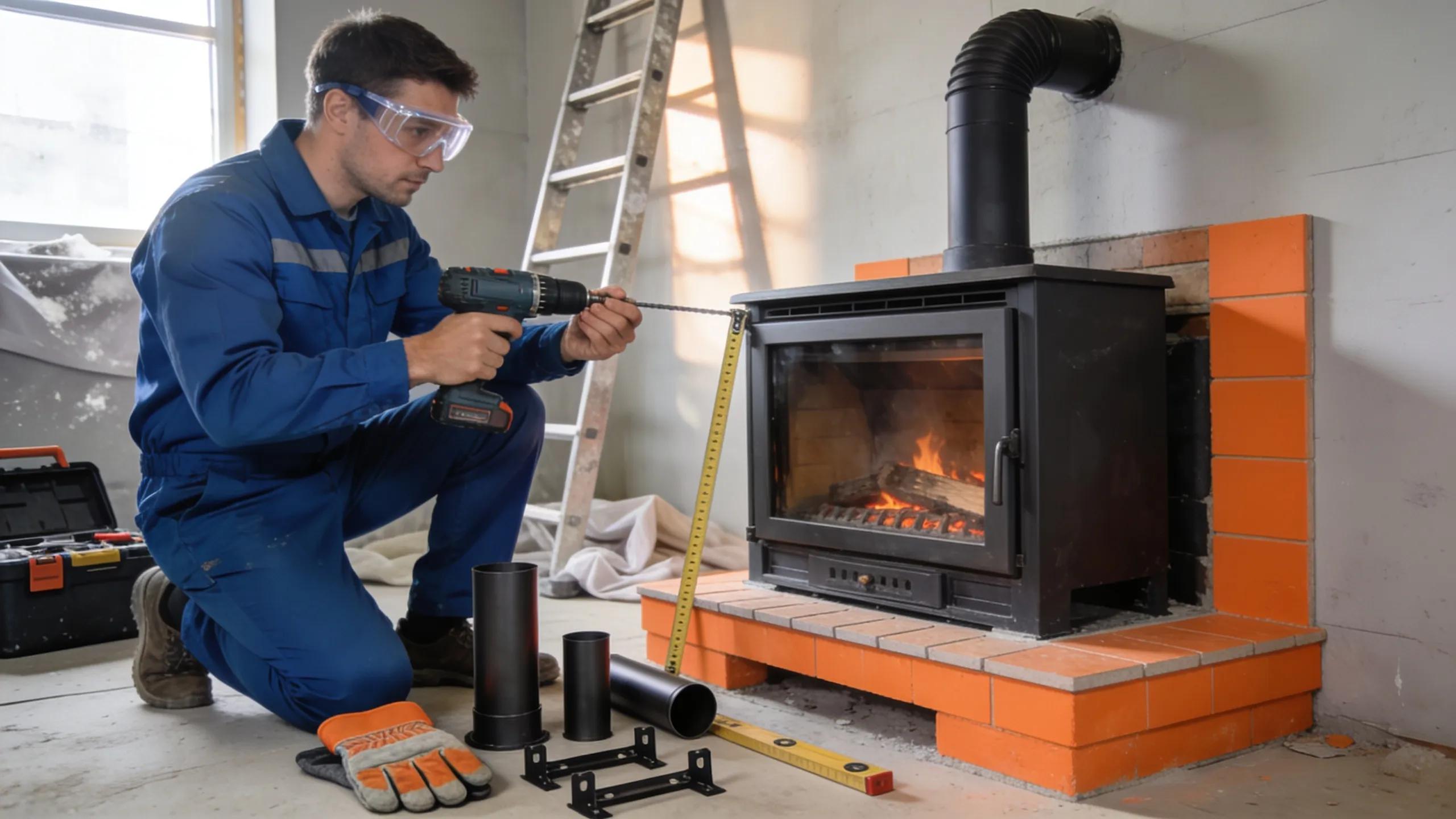 Professional installer setting up a wood fireplace, highlighting installation considerations