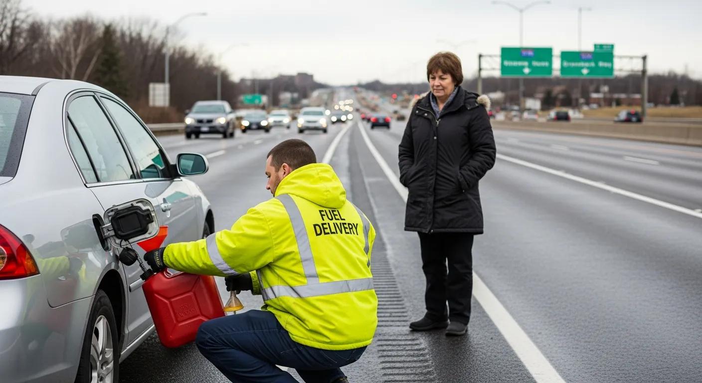 Fuel delivery technician assisting a driver on the roadside in Warren, MI
