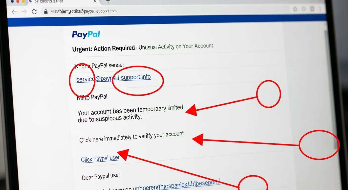 Close-up of an email screen highlighting red flags in a PayPal scam message
