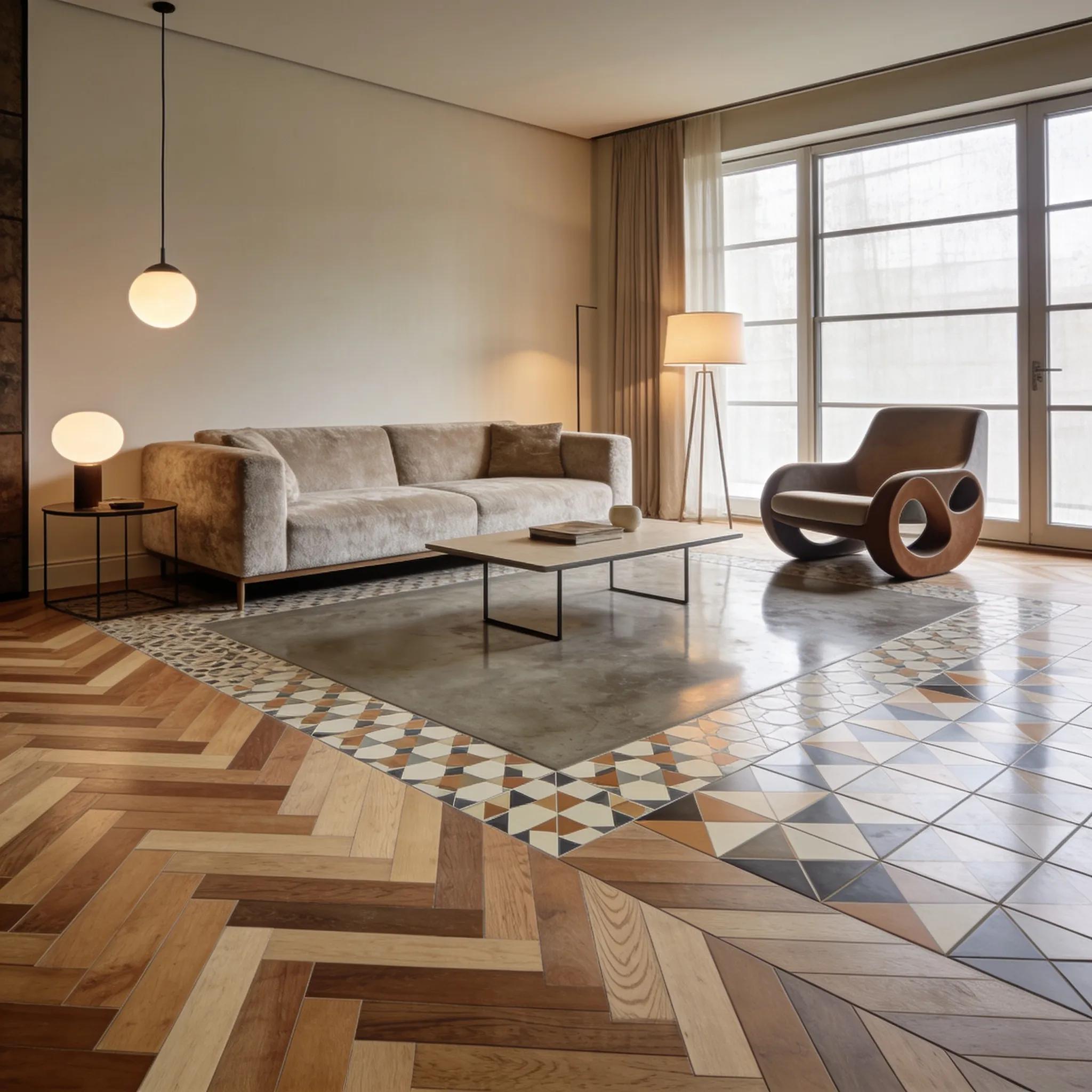 Stylish living room with herringbone wood and geometric tile flooring