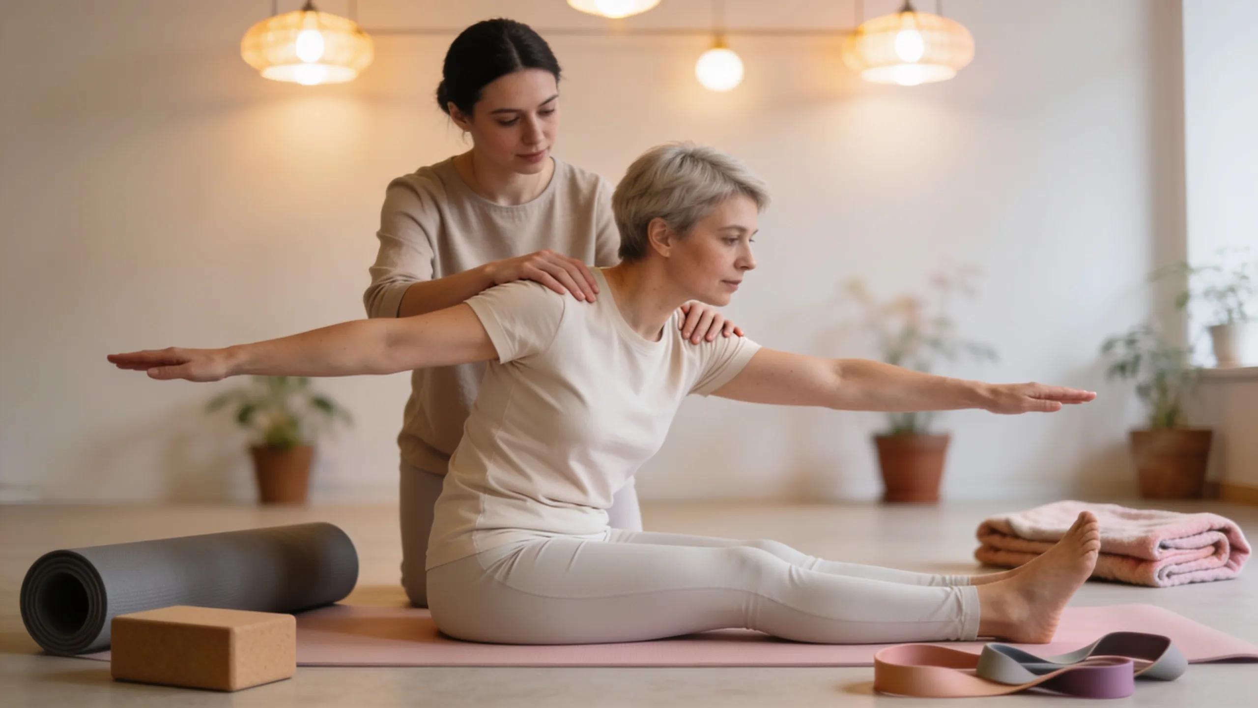 Client engaged in core strengthening exercises with a trainer, focusing on rehabilitative practices in a serene setting