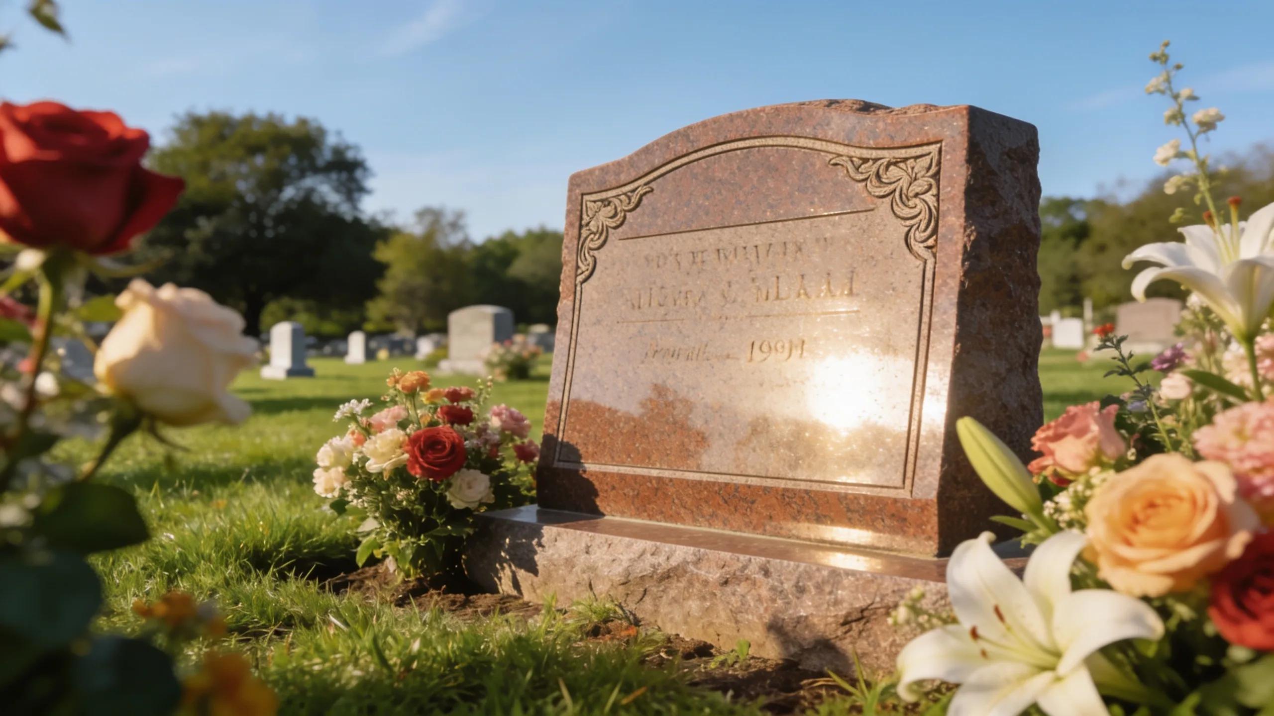 Durable Grave Markers That Endure Time and Elements 1 Durable granite grave marker amid vibrant flowers and greenery in a peaceful cemetery