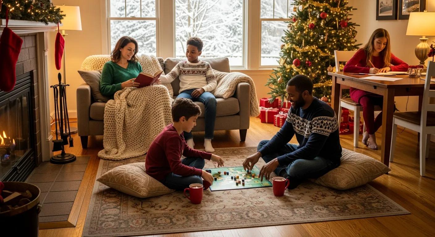 Cozy winter home in Englewood, illustrating a pest-free environment with a family enjoying indoor activities