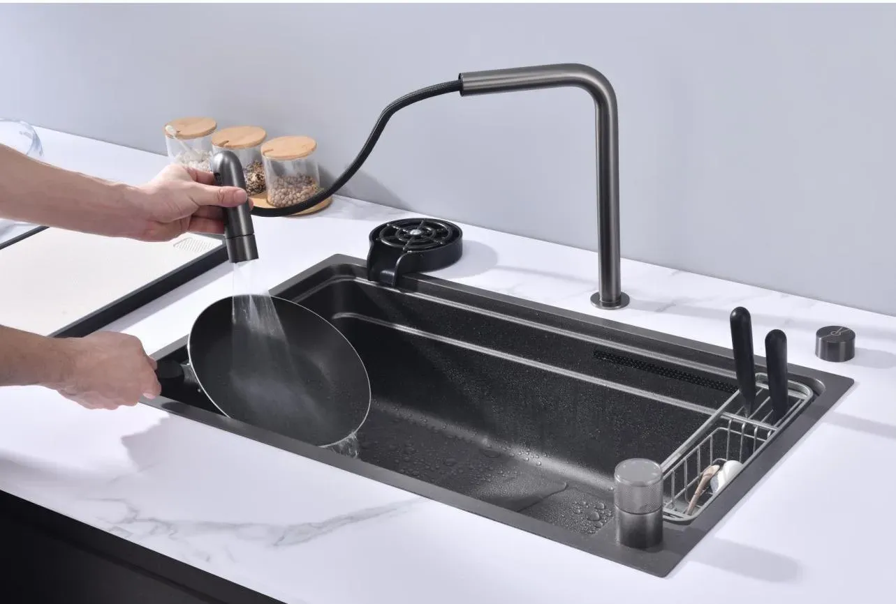 Installation tips for waterfall sinks showing alignment with plumbing and tools in a modern kitchen
