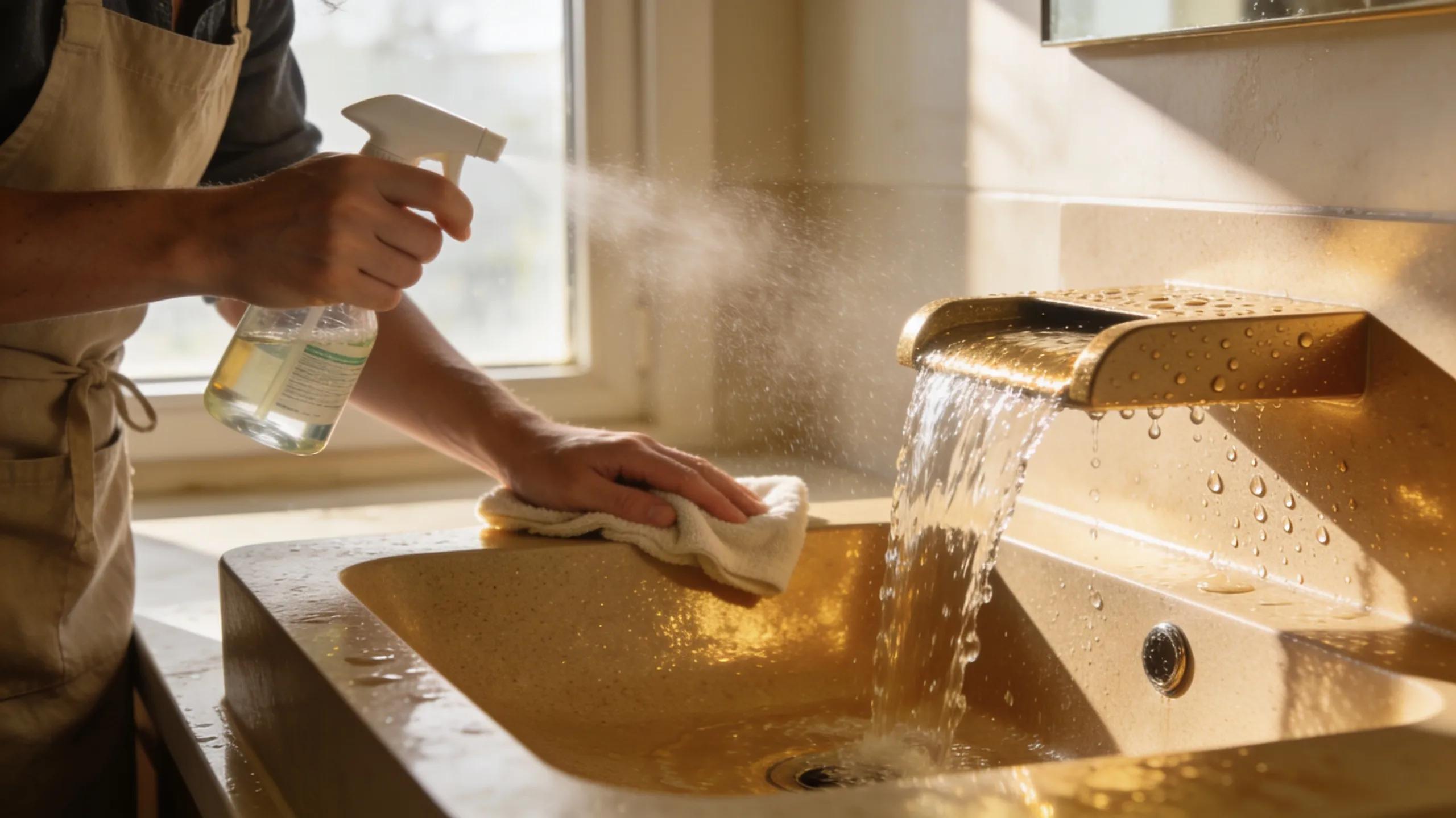 Homeowner cleaning a composite waterfall sink using eco-friendly products in natural light
