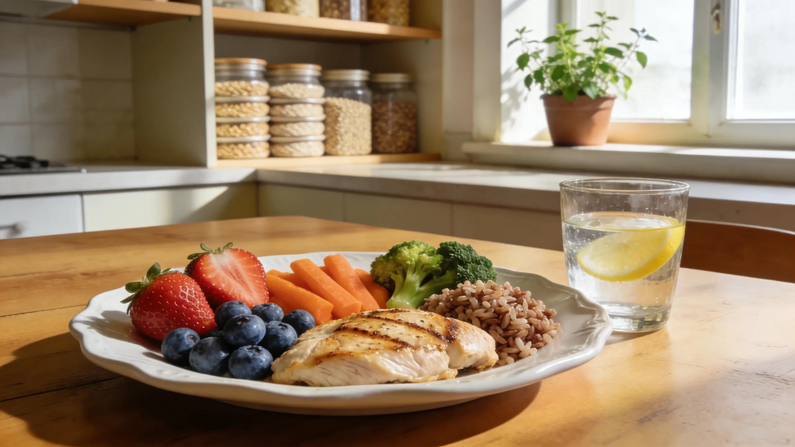 A balanced meal for seniors featuring colorful fruits, vegetables, and whole grains in a bright kitchen setting