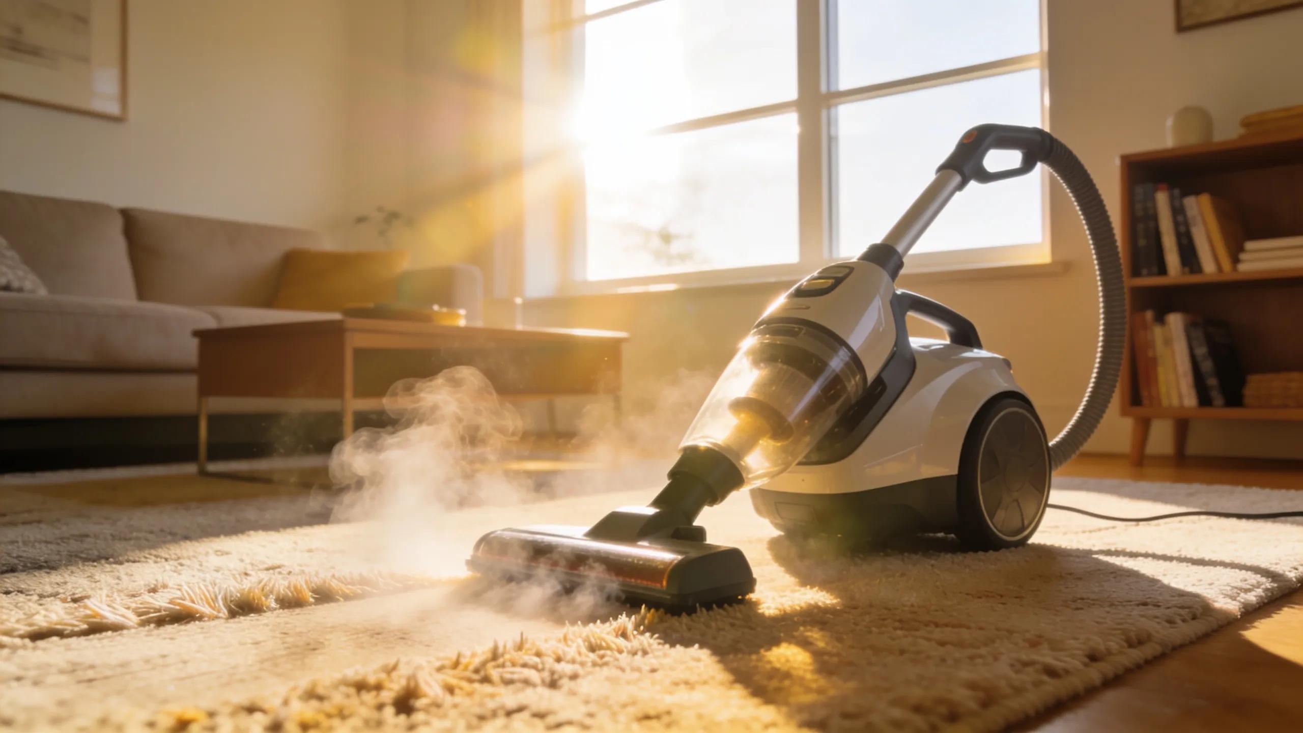 Modern steam cleaner in bright living space cleaning carpet with steam