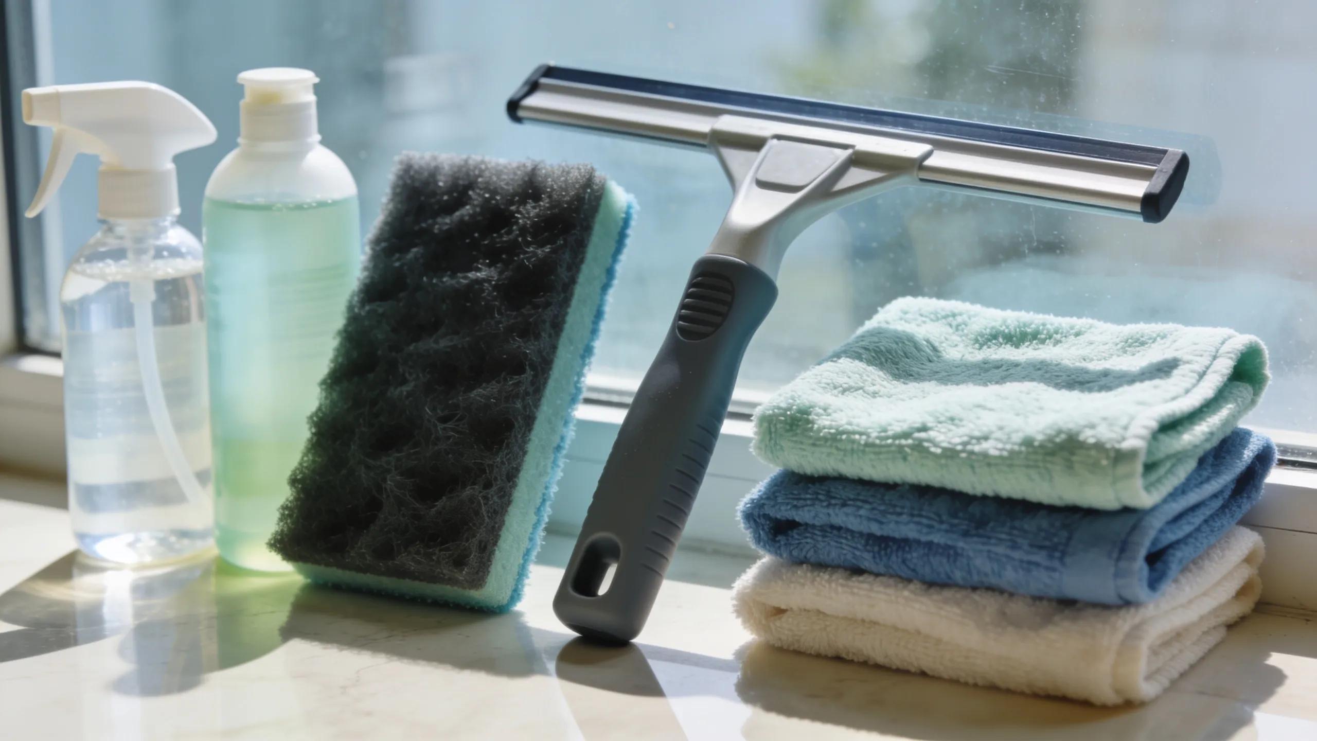 High-quality window cleaning tools including squeegees and microfiber cloths displayed on a clean surface