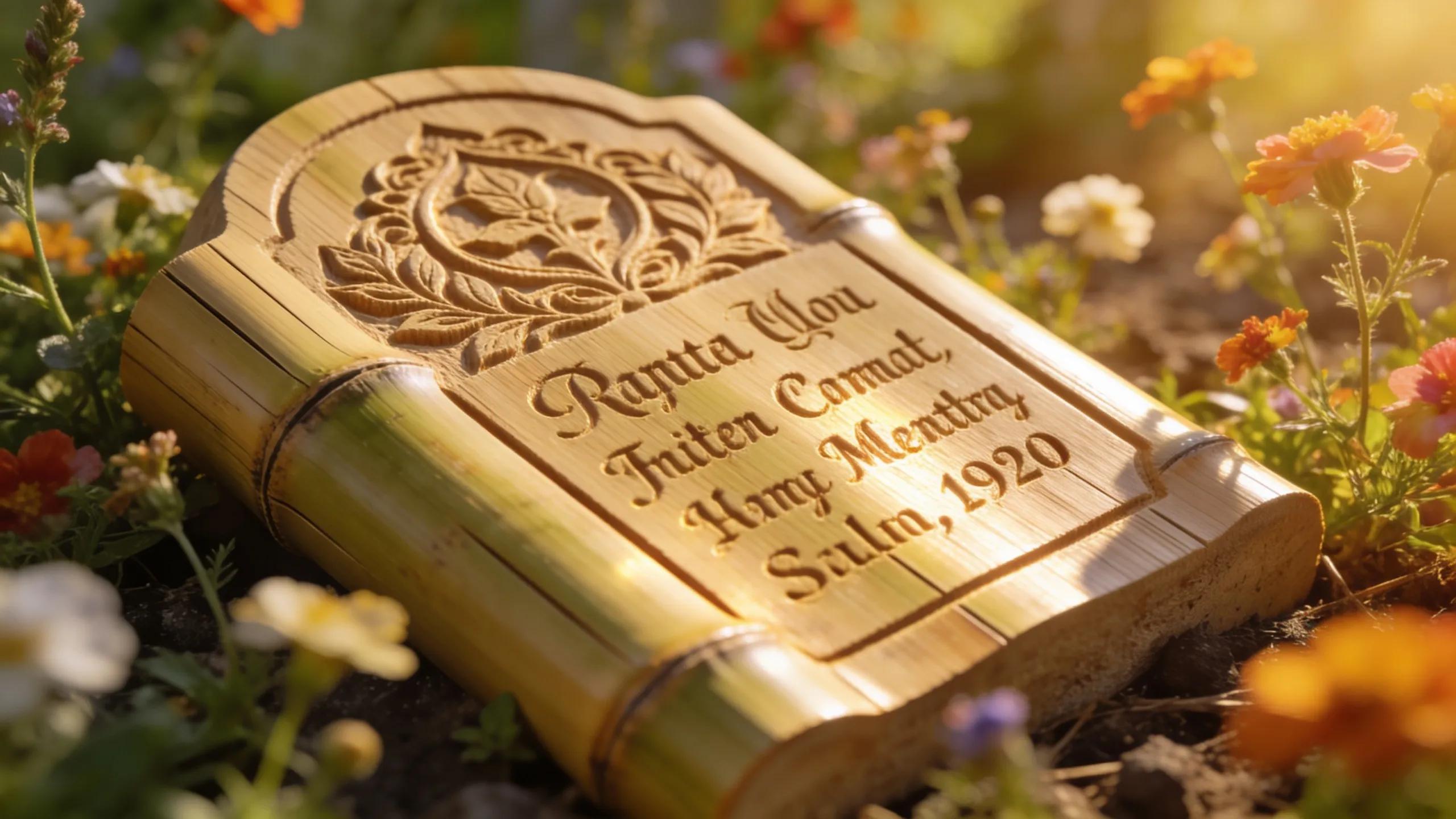 Eco-Friendly Grave Marker Options for Sustainable Tributes 2 Close-up of a bamboo biodegradable grave marker surrounded by wildflowers