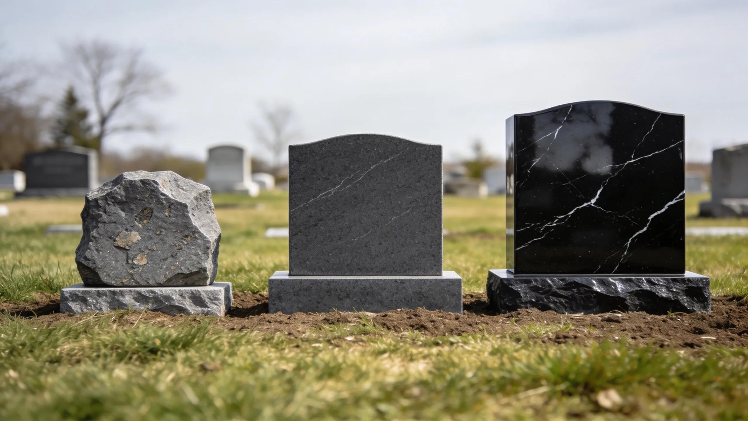 Three types of granite grave markers displaying quality differences in color, finish, and size against a subtle cemetery background