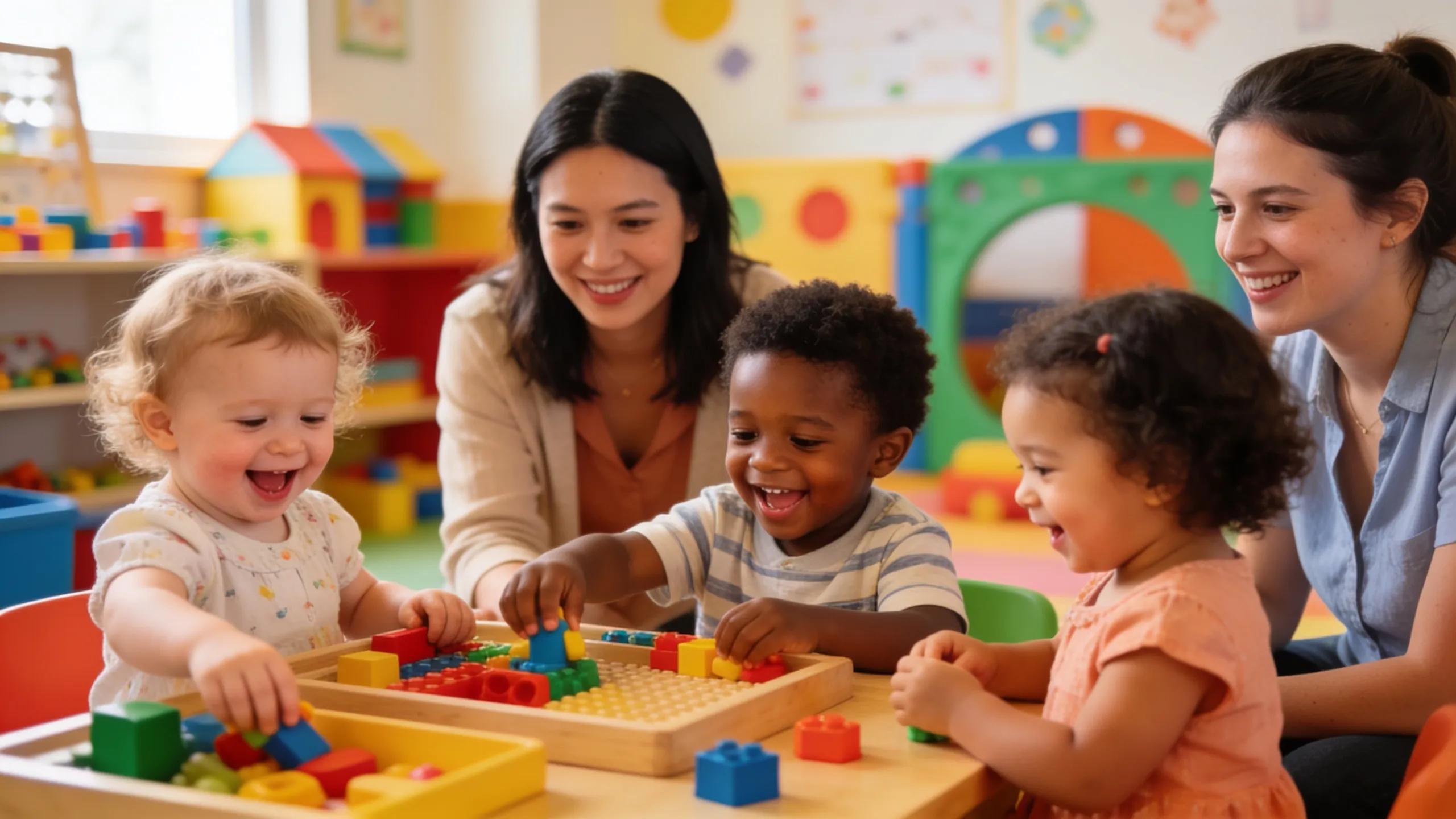Toddlers engaged in play-based learning at an early learning center, showcasing emotional exploration Toddlers engaged in play-based learning at an early learning center, showcasing emotional exploration