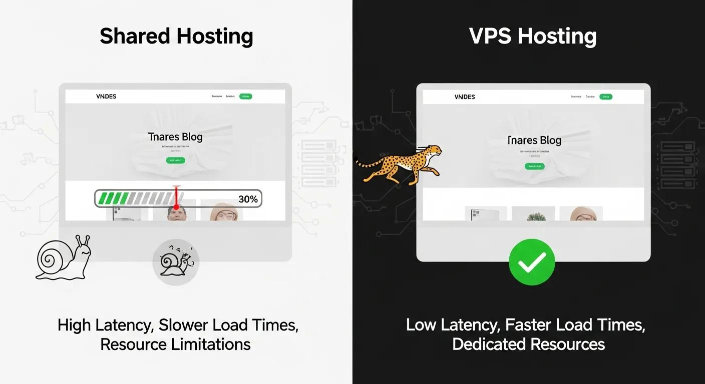 Side-by-side comparison showing faster site performance on VPS versus shared hosting