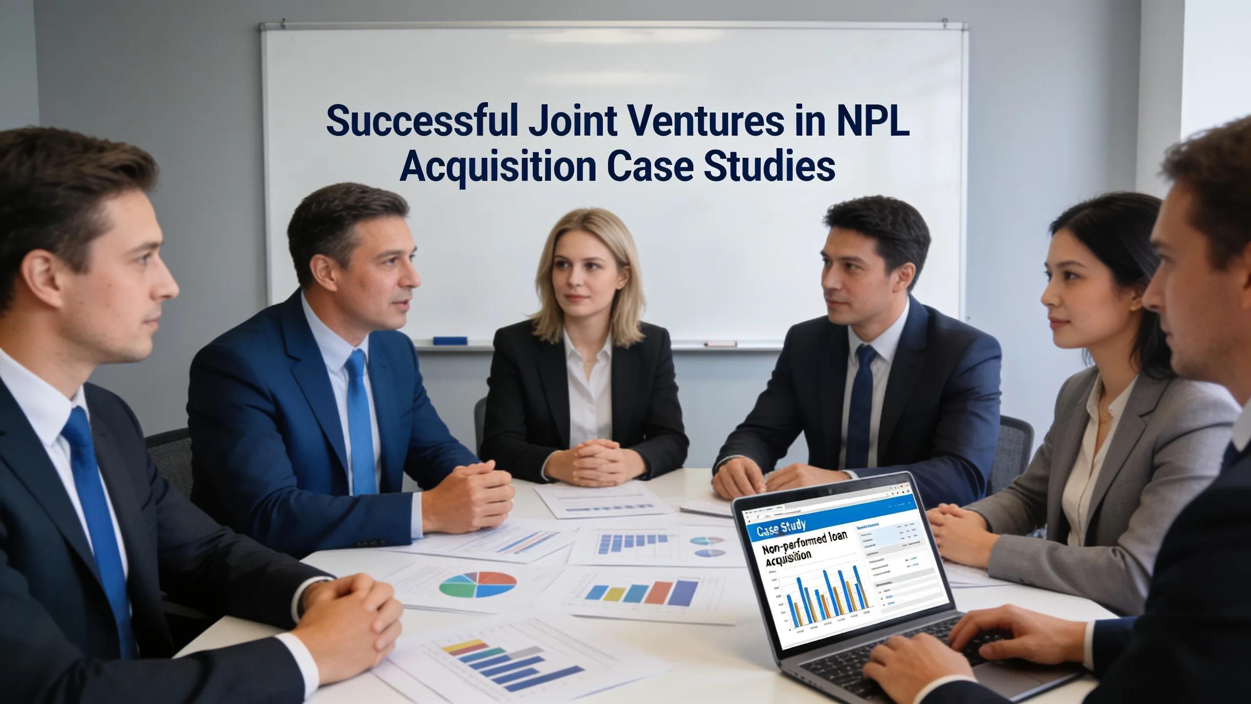Investors discussing successful joint ventures in non-performing loan acquisition case studies