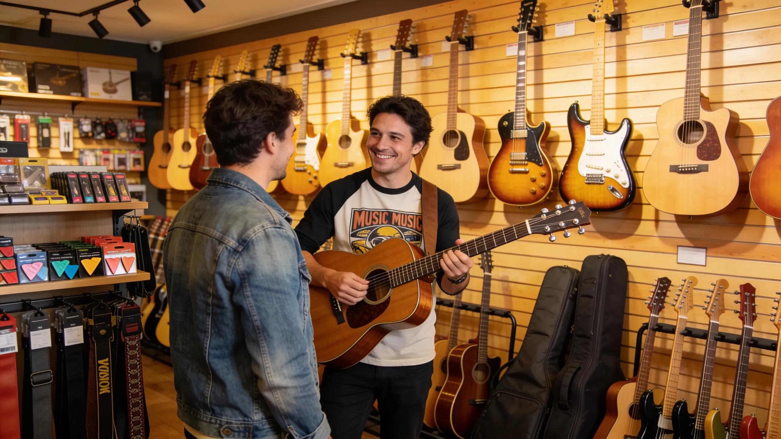 Independent guitar shop displaying various guitars and staff assisting customers