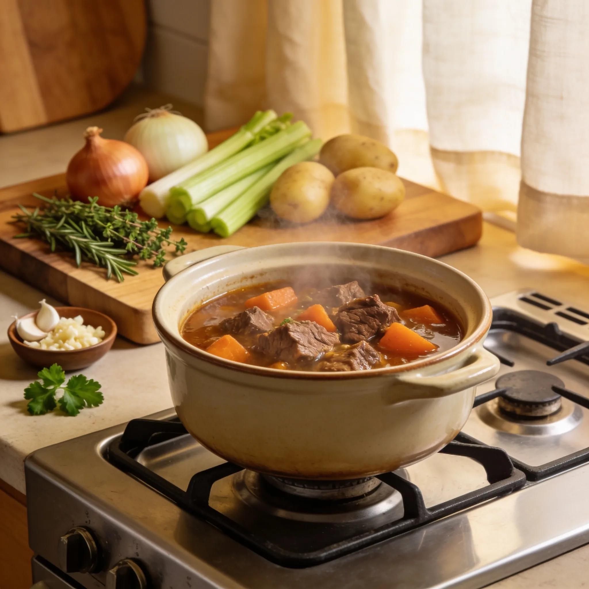 Cooking scene with beef stew simmering, highlighting methods for preserving nutrients