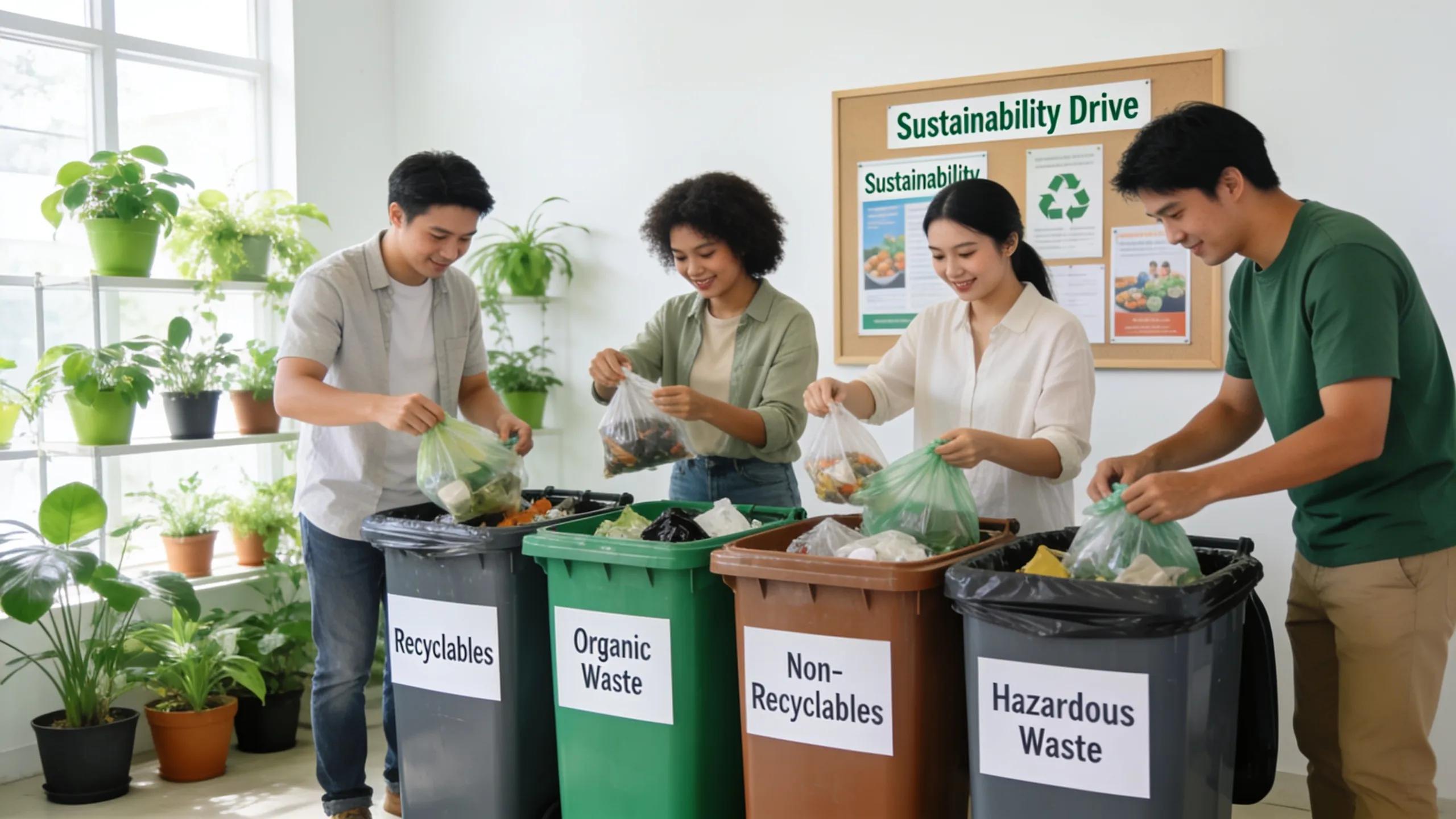 Community members actively sorting waste into recycling and general waste bins, promoting eco-friendly practices in Dandenong
