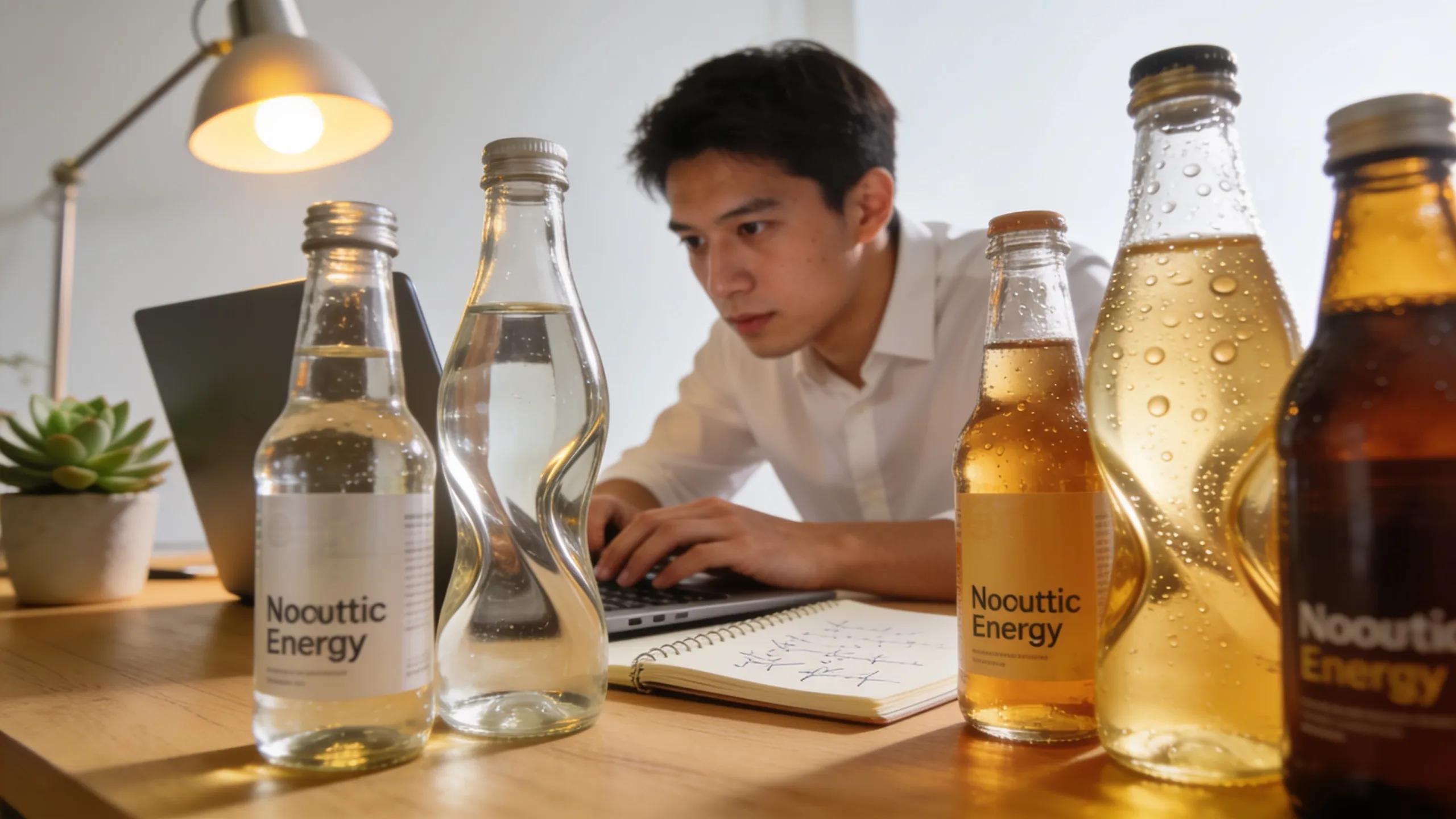 Energetic young professional surrounded by nootropic energy enhancers and traditional energy drinks, representing cognitive enhancement